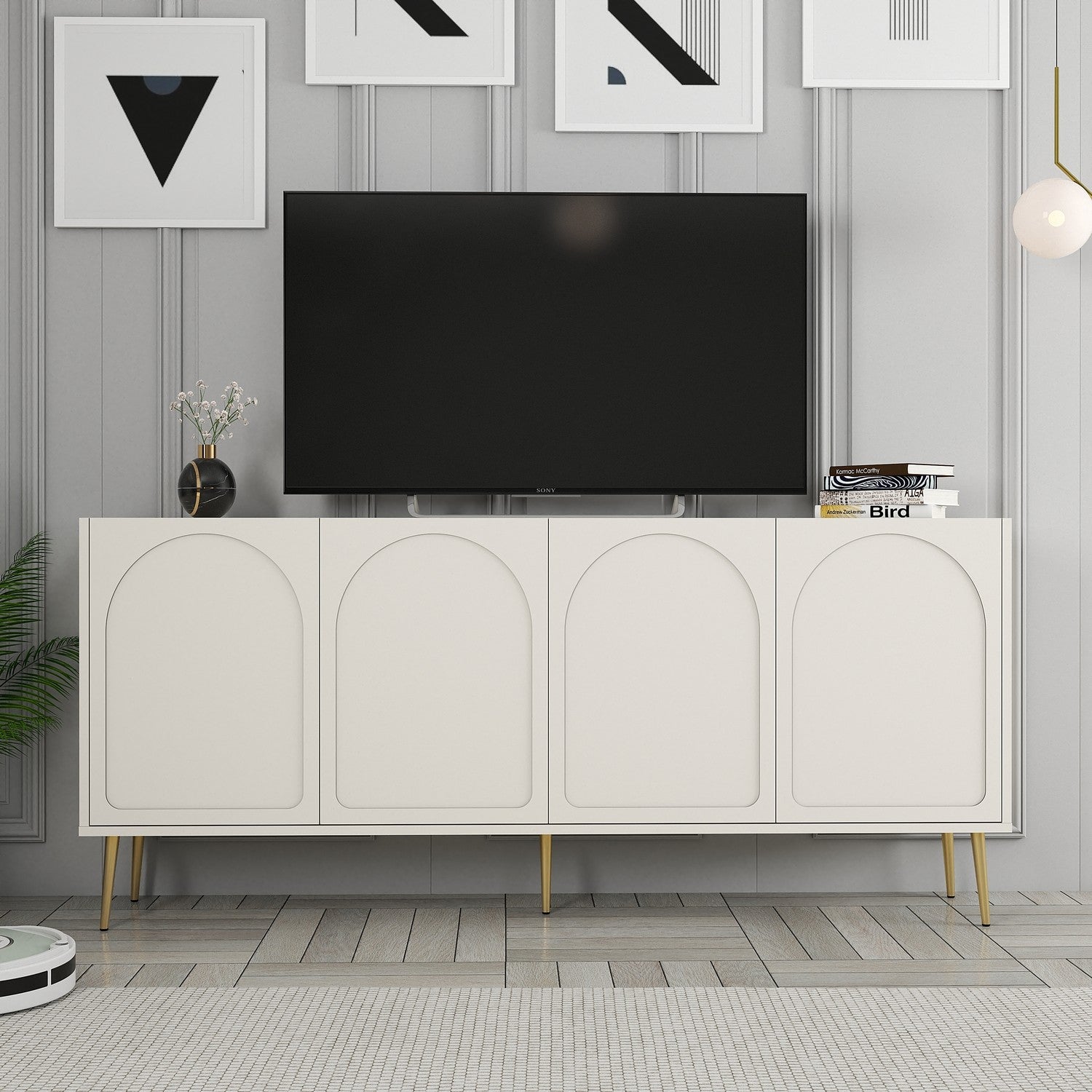 Aparador Elegante em Creme e Dourado – 180 x 80 x 35 cm – Aglomerado de partículas revestido a melamina