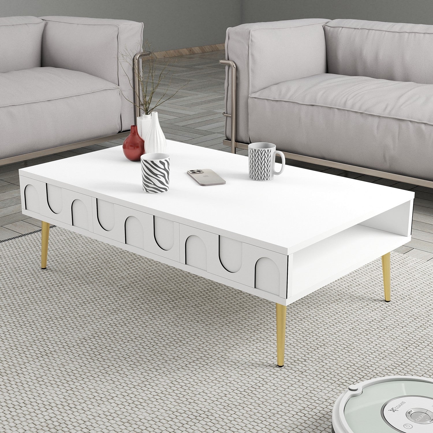 Mesa de Centro – 105 x 60 x 33,6 cm – Branco e Dourado – Painel de Partículas revestido a Melamina