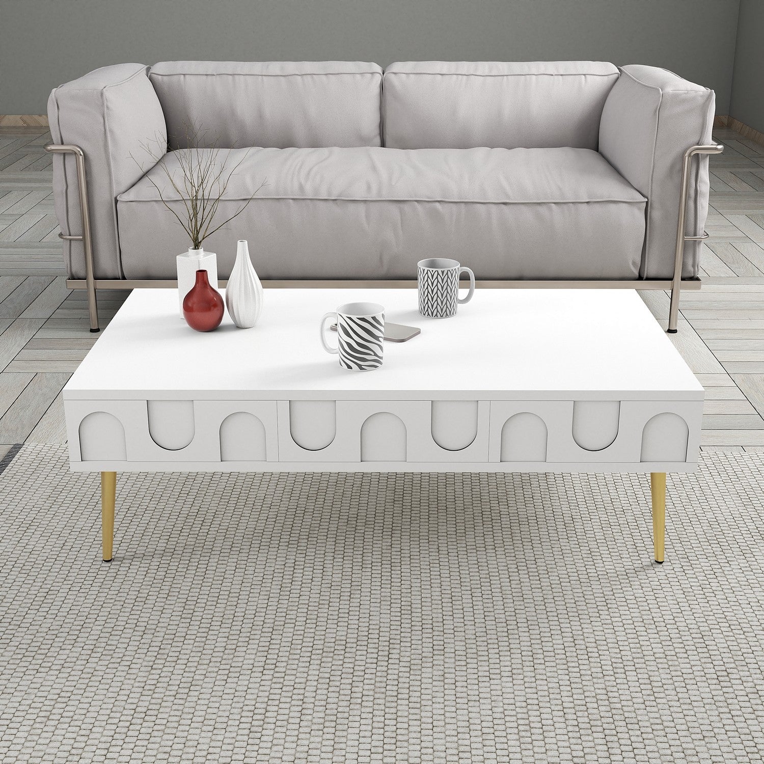 Mesa de Centro – 105 x 60 x 33,6 cm – Branco e Dourado – Painel de Partículas revestido a Melamina