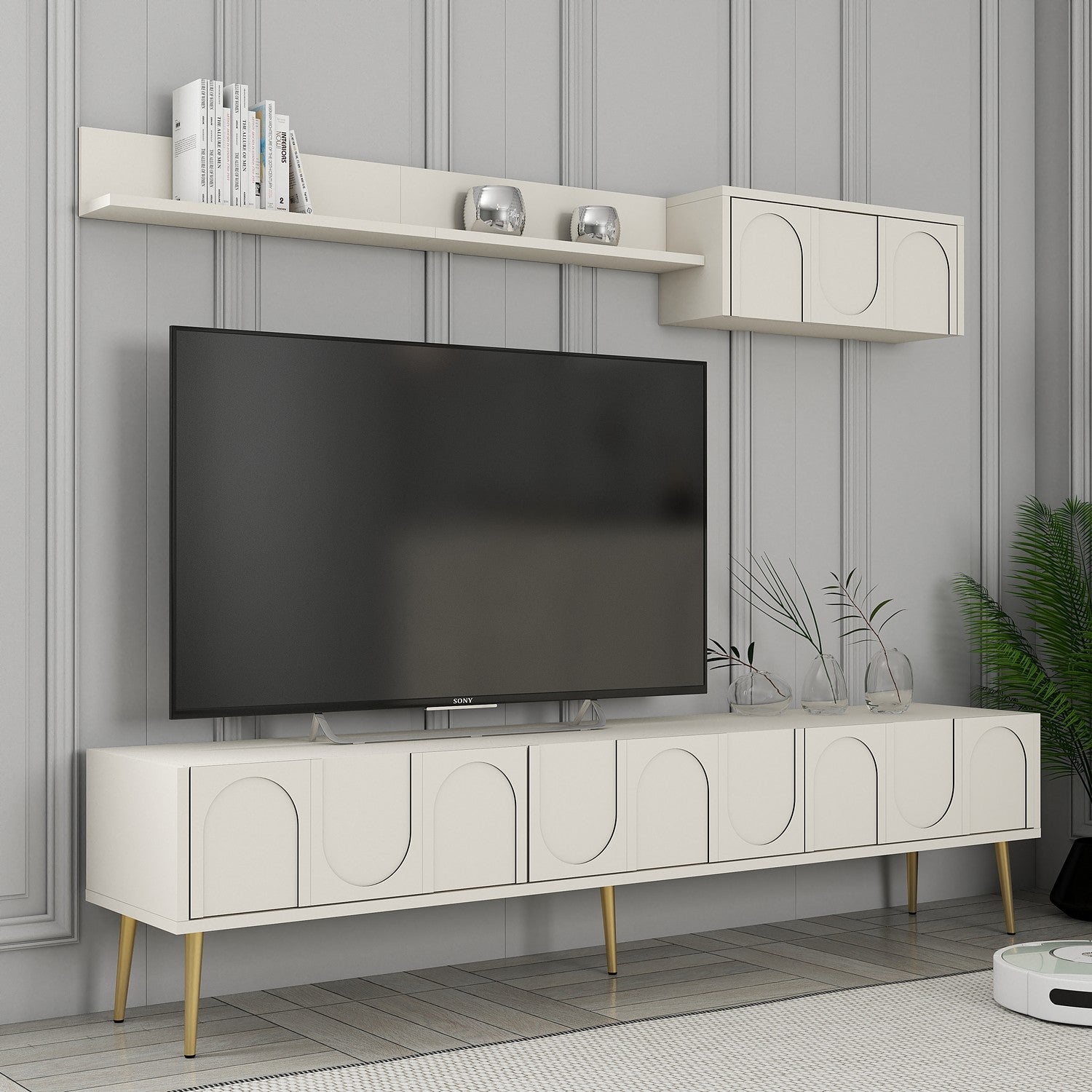 Móvel de TV – 180 cm – Creme e Dourado – Painéis de partículas revestidos a melamina
