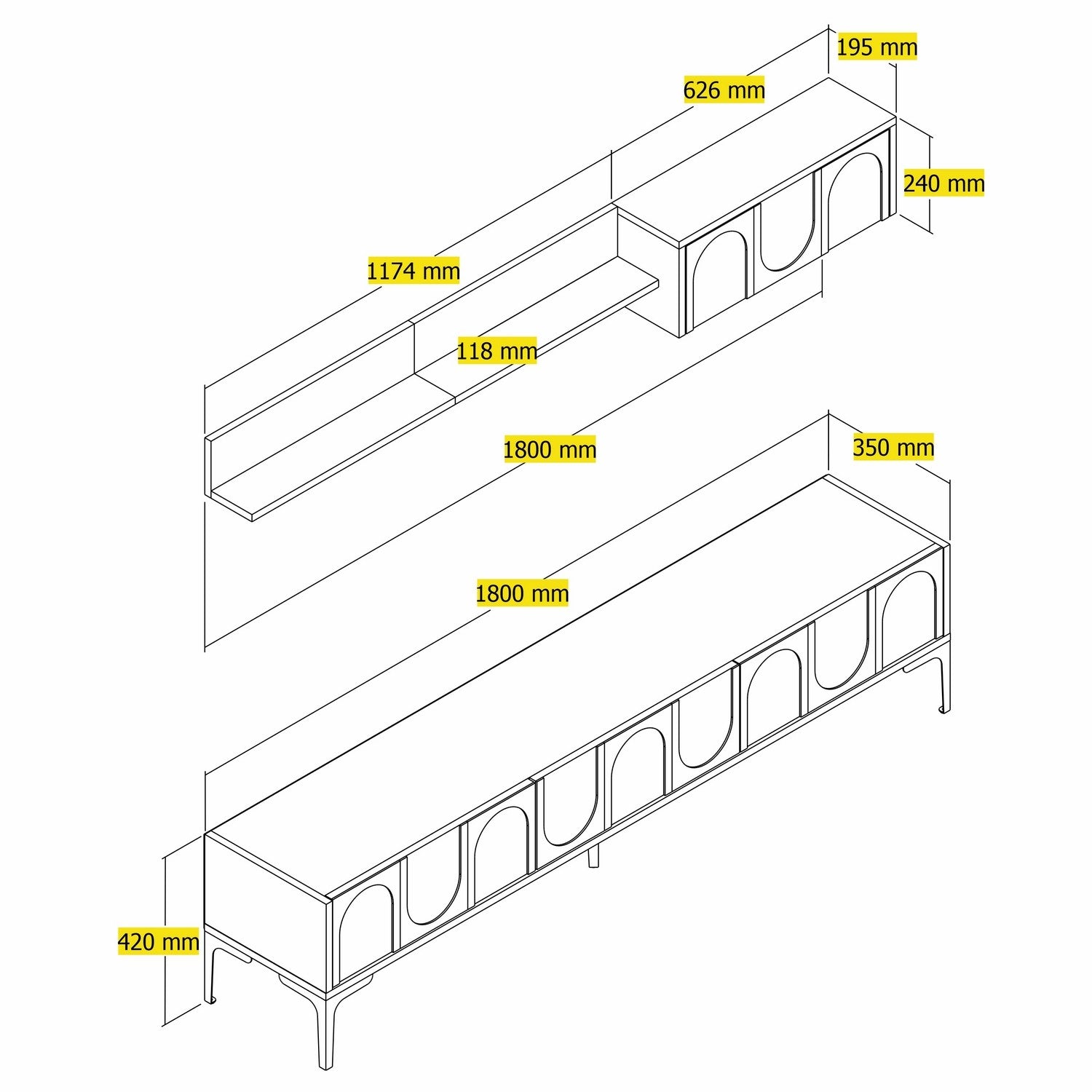 Móvel de TV elegante – 180 cm – Atlas e Preto – Painéis de partículas revestidos a melamina