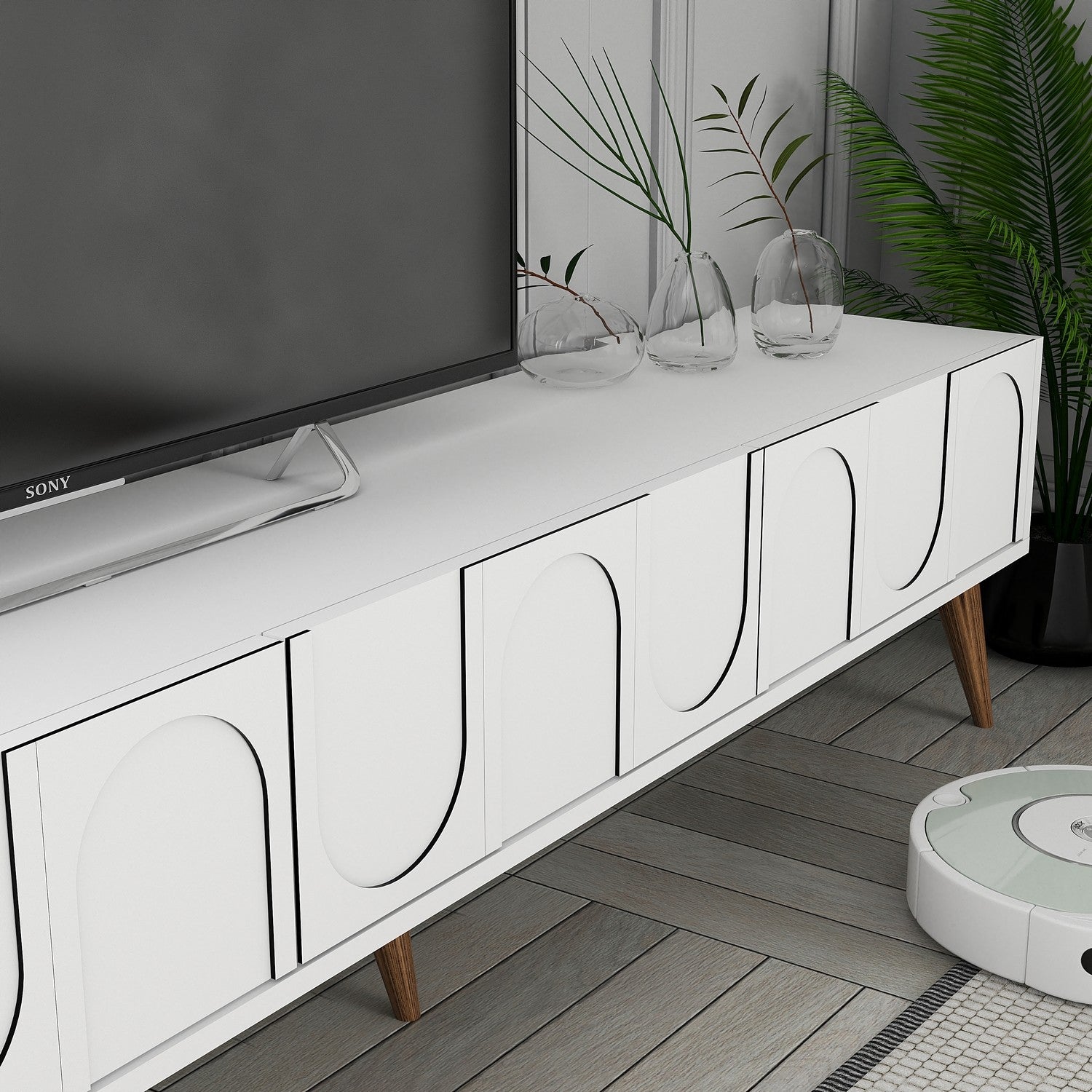 Móvel de TV elegante – 180 cm – Branco e nogueira – Painéis de partículas revestidos a melamina