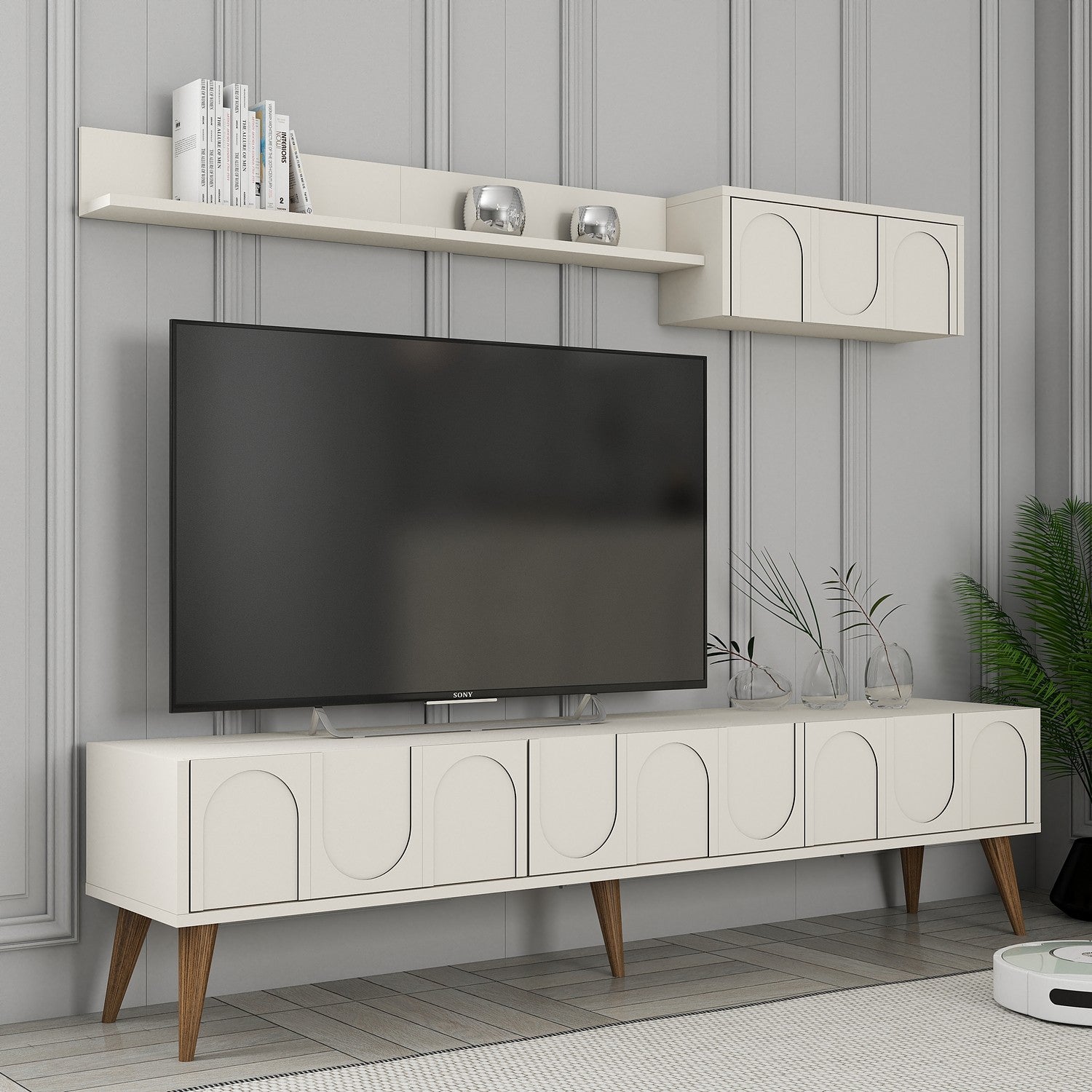 Móvel de TV elegante – 180 cm – Creme e nogueira – Painel de partículas revestido de melamina