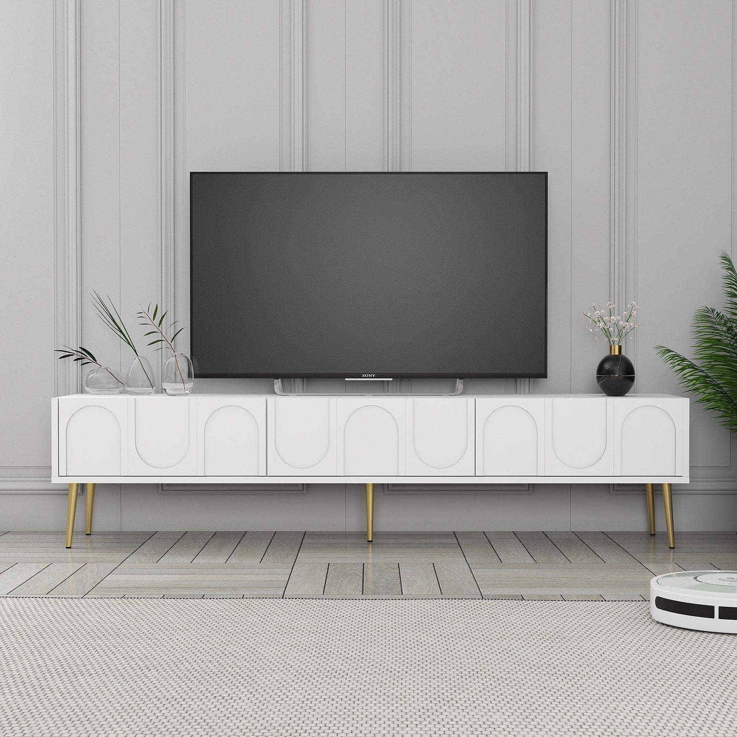 Móvel de TV – 180 x 43 x 35 cm – Branco e Dourado – Painéis de partículas revestidos a melamina