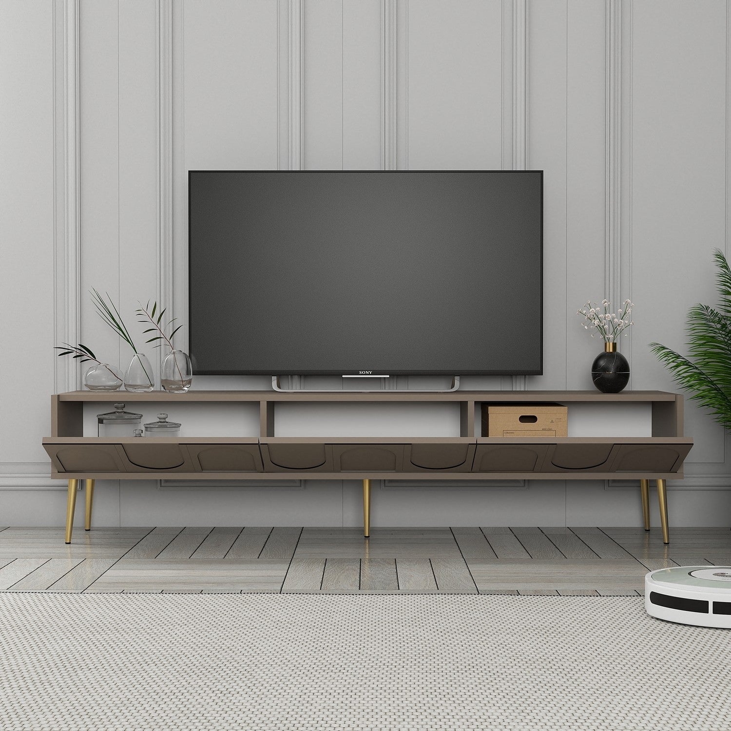 Móvel de TV elegante – 180 x 43 x 35 cm – Atlas e dourado – Painéis de partículas revestidos de melamina