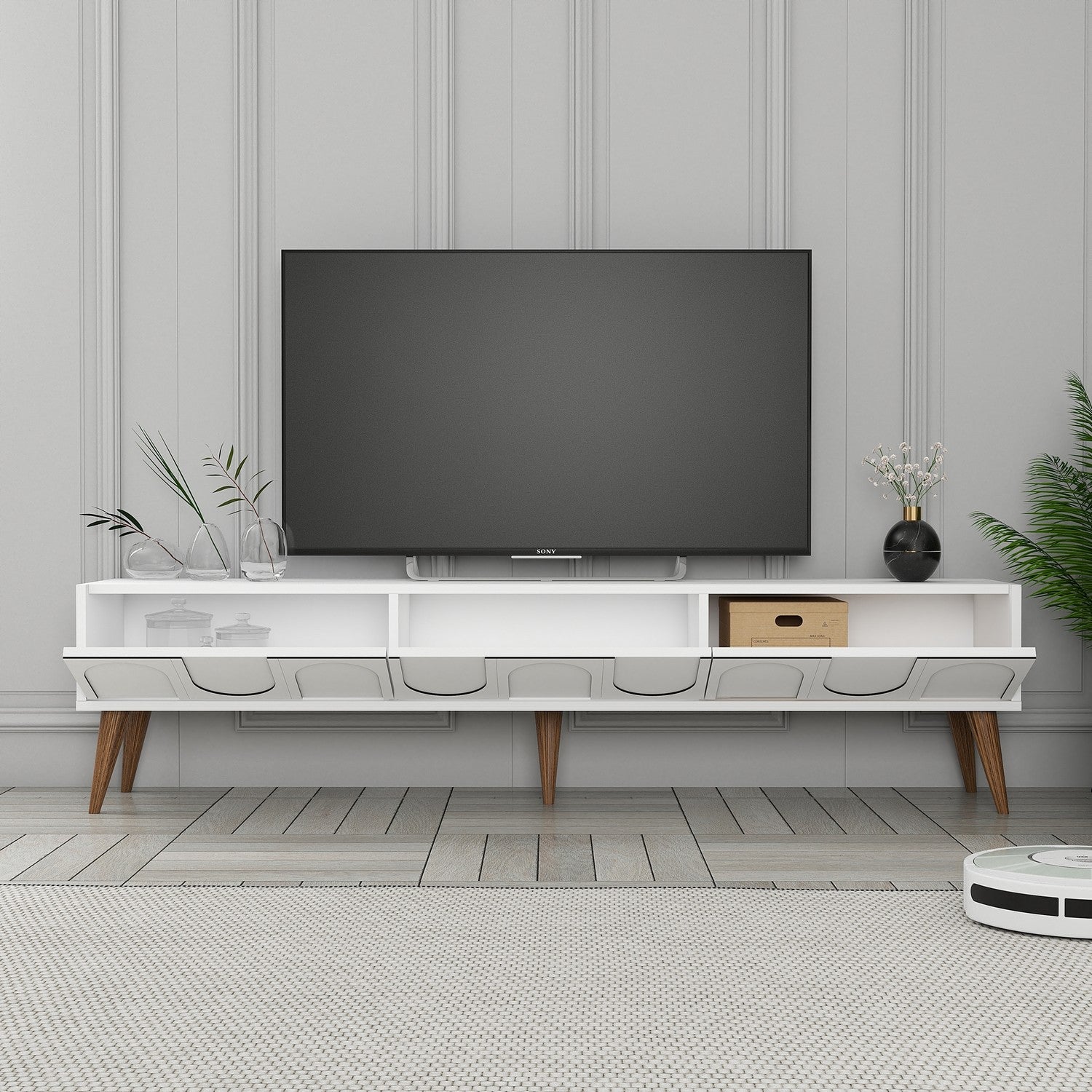 Móvel de TV elegante – 180 x 44 x 35 cm – branco e nogueira – painel de partículas revestido a melamina