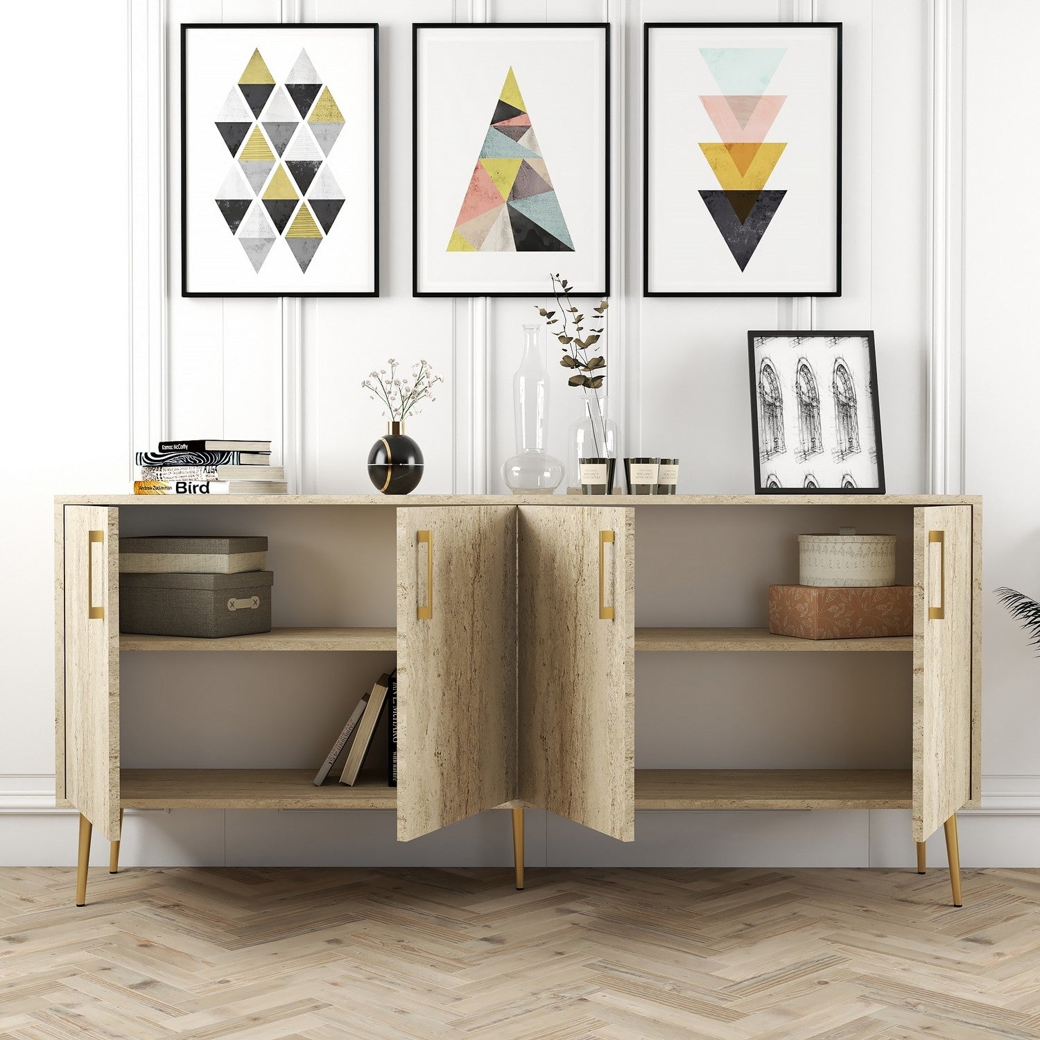 Aparador Elegante – 180 x 78 x 35 cm – Cor Travertino – Painel de Partículas Revestido em Melamina