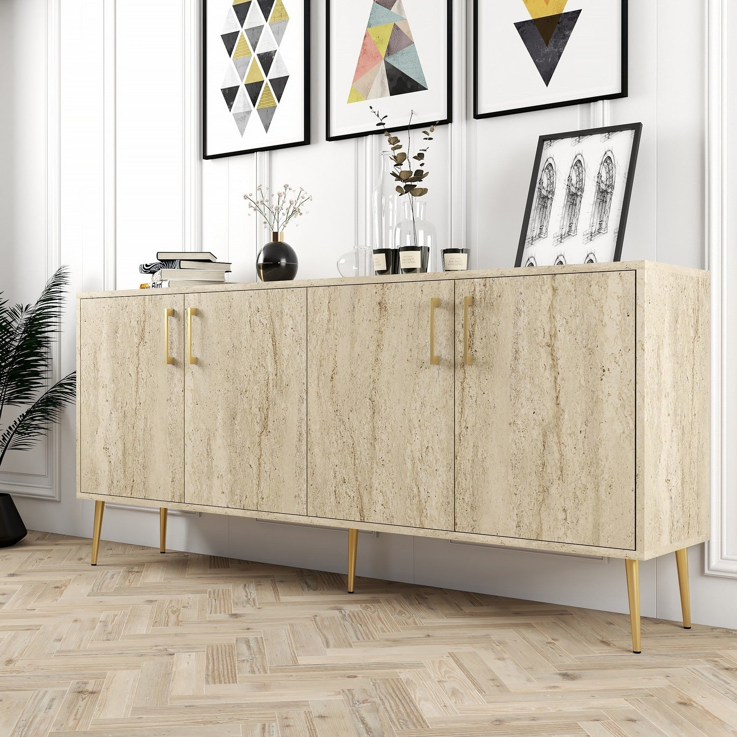 Aparador Elegante – 180 x 78 x 35 cm – Cor Travertino – Painel de Partículas Revestido em Melamina