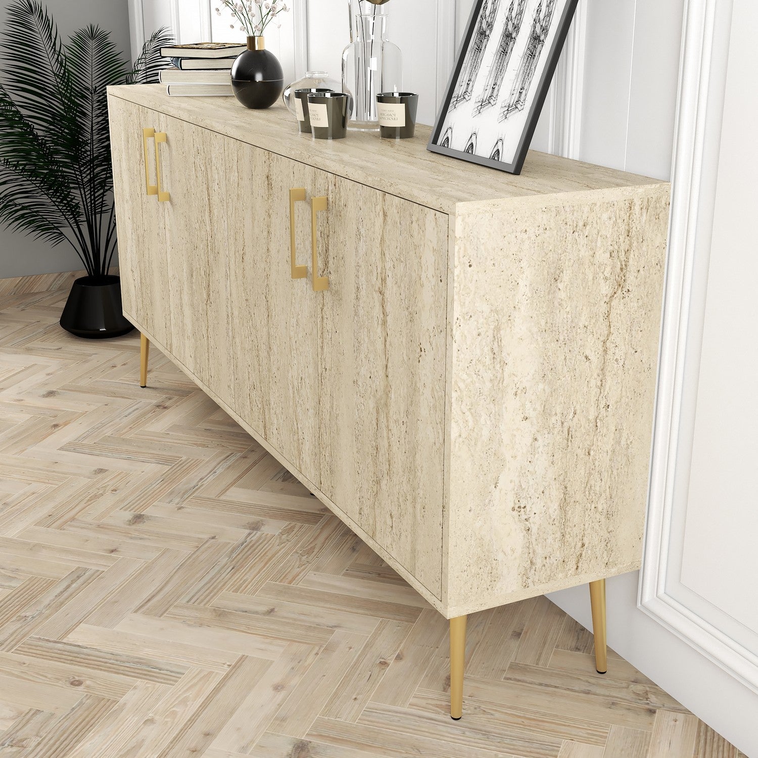 Aparador Elegante – 180 x 78 x 35 cm – Cor Travertino – Painel de Partículas Revestido em Melamina