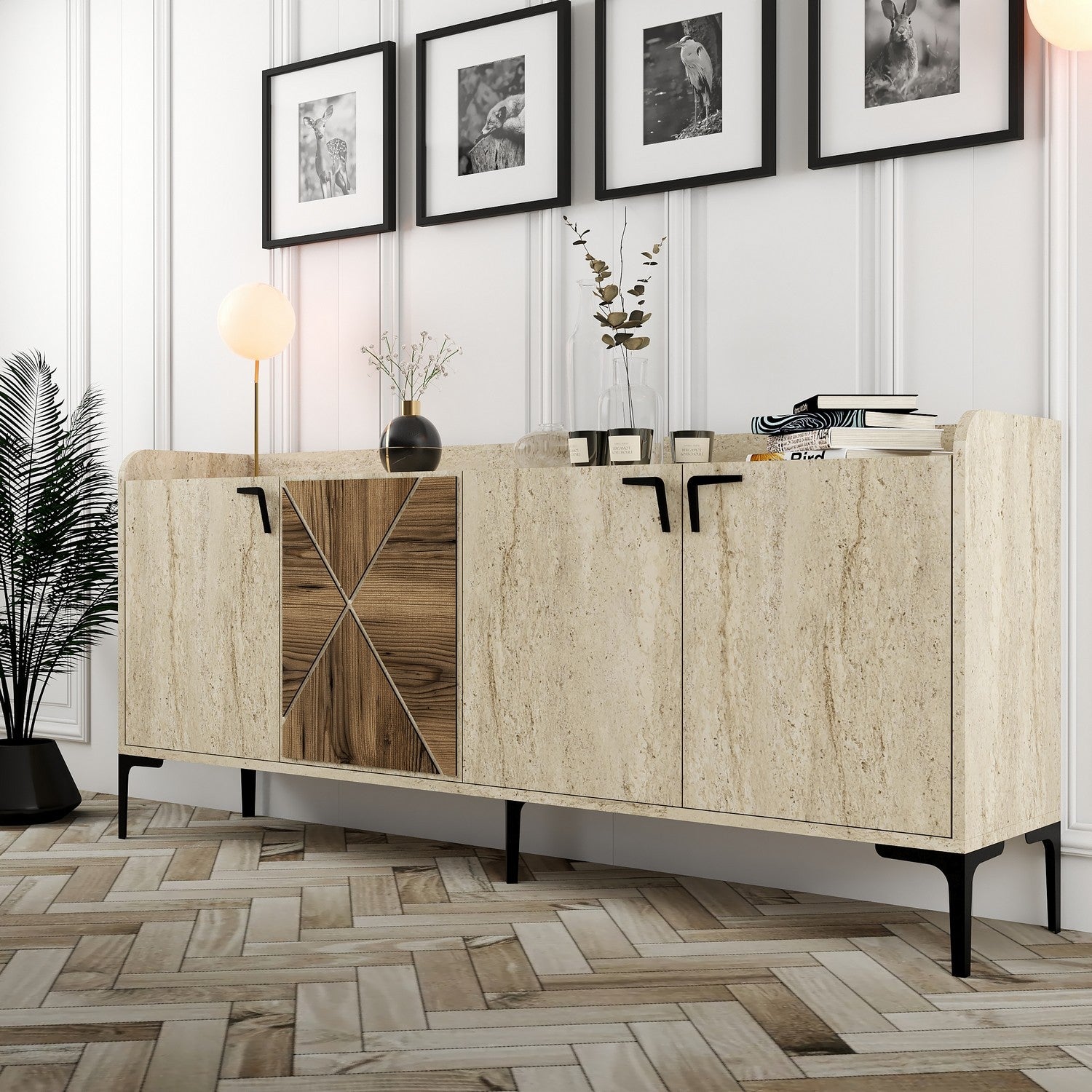 Aparador elegante com design em mármore – 180 x 78 x 35 cm – Nogueira e Travertino – 100% revestido em melamina