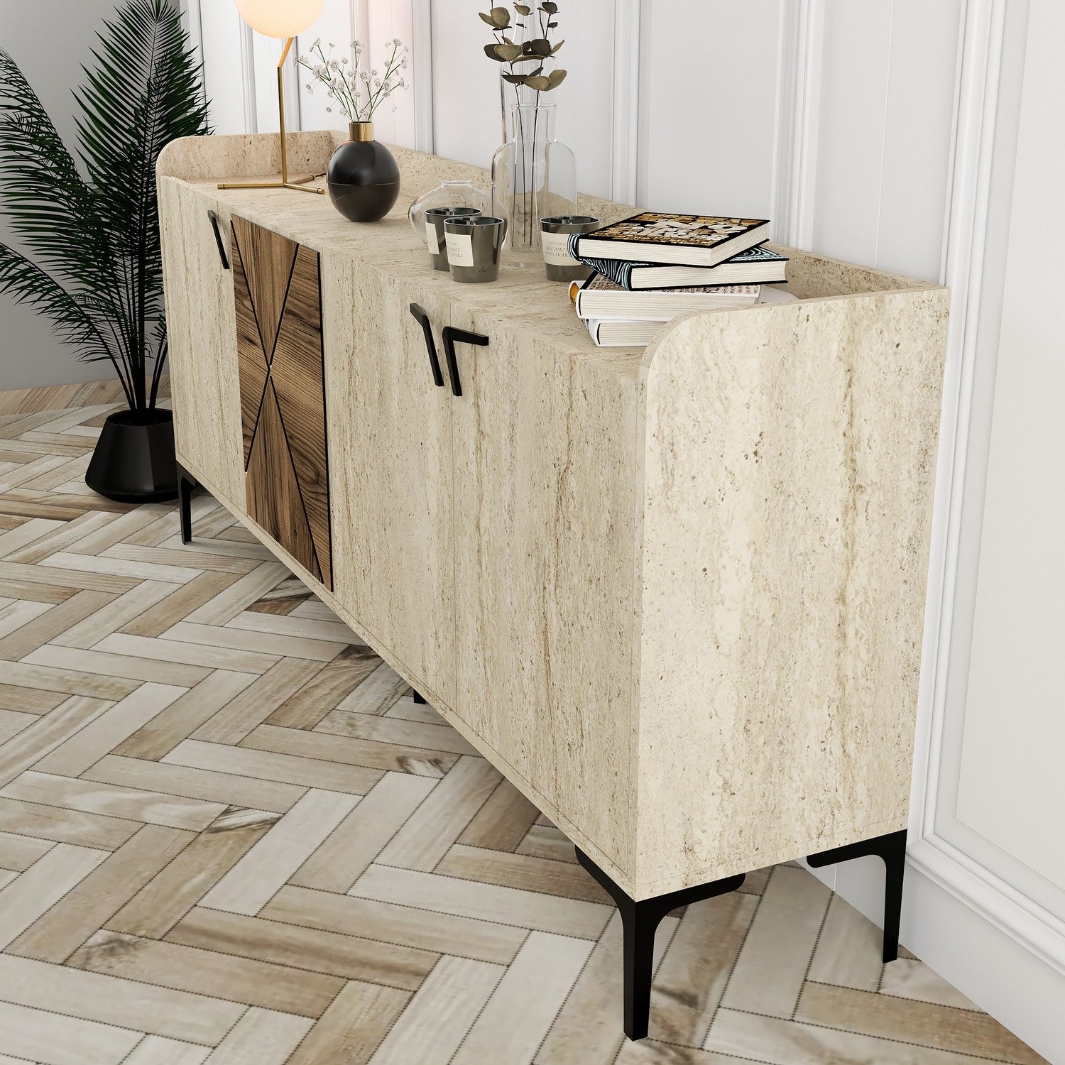 Aparador elegante com design em mármore – 180 x 78 x 35 cm – Nogueira e Travertino – 100% revestido em melamina