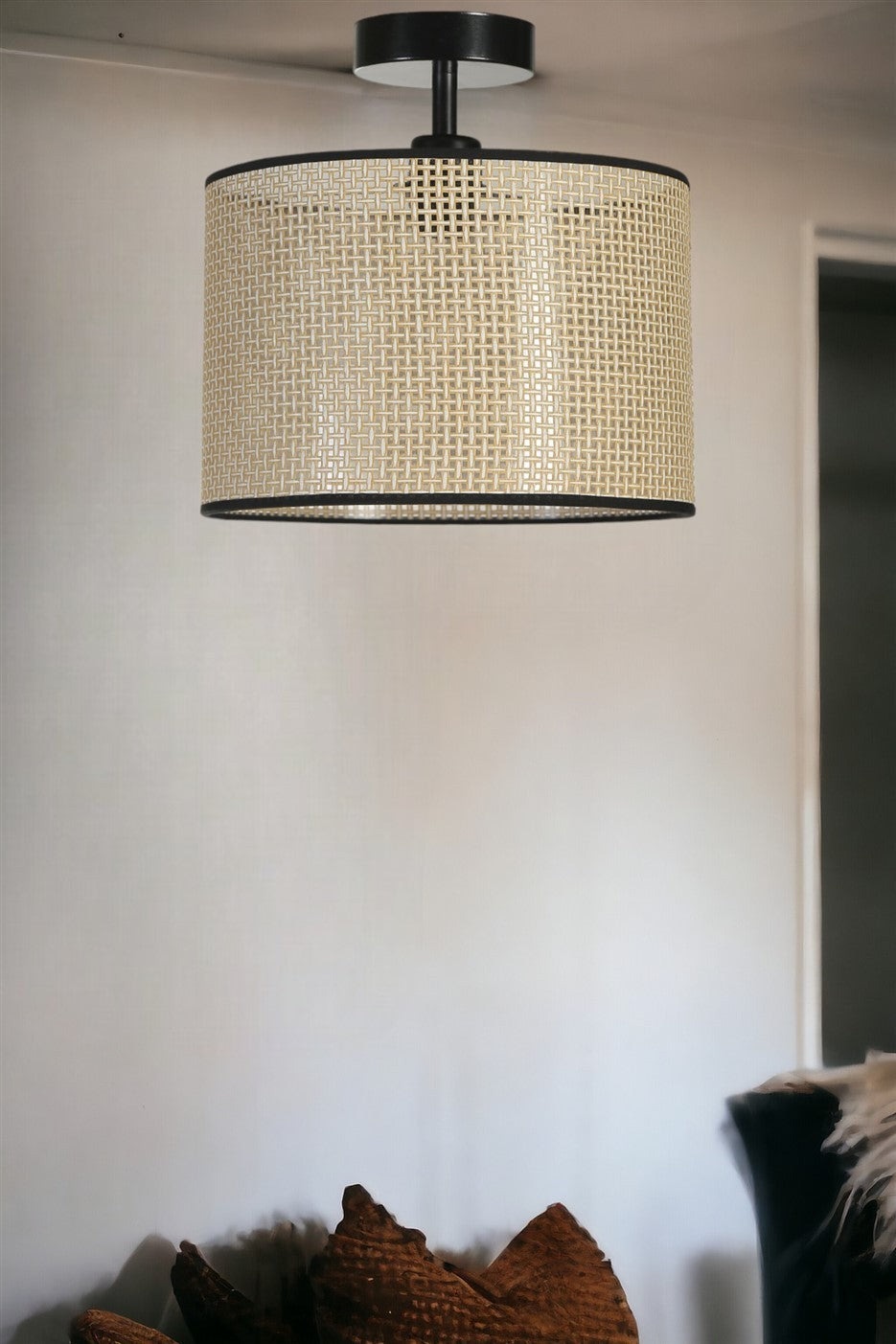 Candeeiro de Teto – 30 cm – Dourado e Preto – Metal e Bambu
