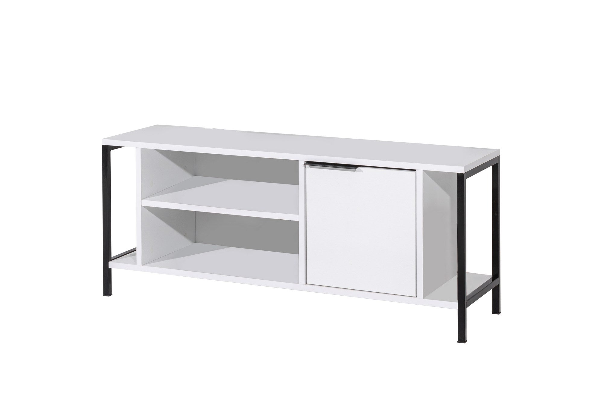 Móvel de TV elegante, branco e preto, 120 x 48 x 35 cm | Painel de partículas 100% revestido de melamina, 18 mm de espessura | Várias prateleiras para uma sala de estar moderna