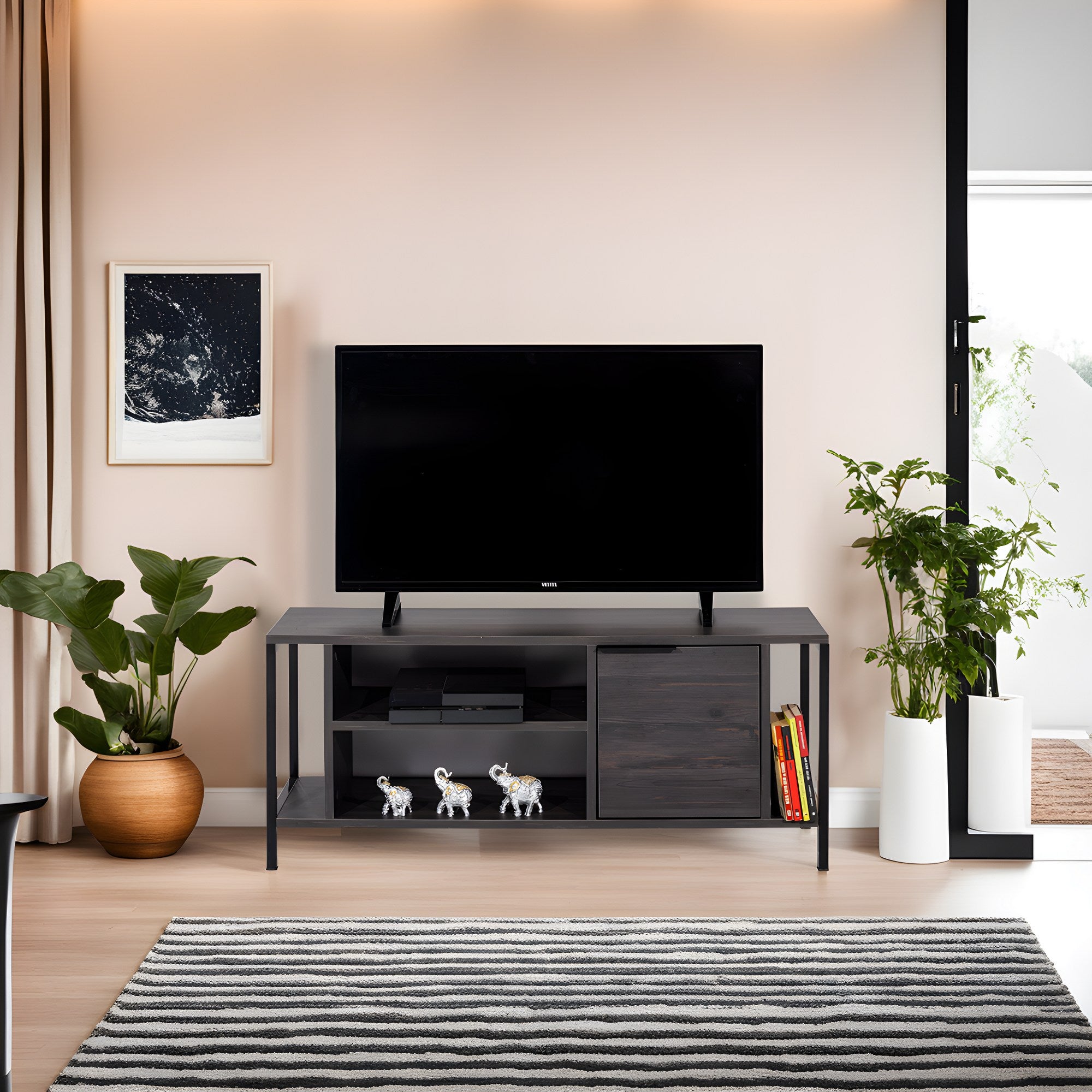 Móvel de TV industrial, marrom escuro e preto, 120 x 48 x 35 cm | Painel de partículas 100% revestido de melamina, 18 mm de espessura | Estantes elegantes para salas de estar modernas
