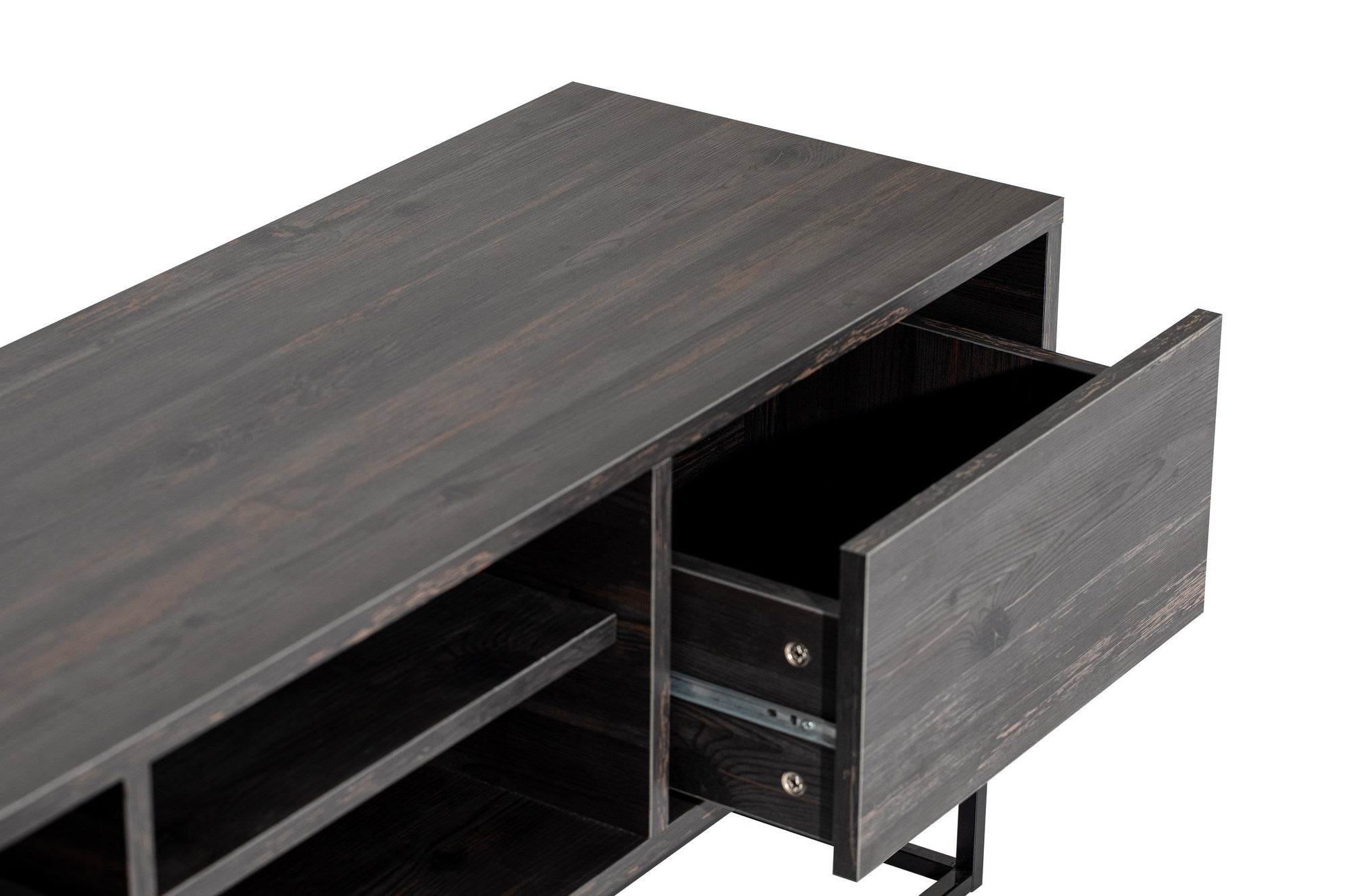 Móvel de TV industrial com acabamento em mármore, marrom escuro e preto, 140 cm | 100% revestido em melamina, 18 mm de espessura, pés de ferro, 2 gavetas e várias prateleiras