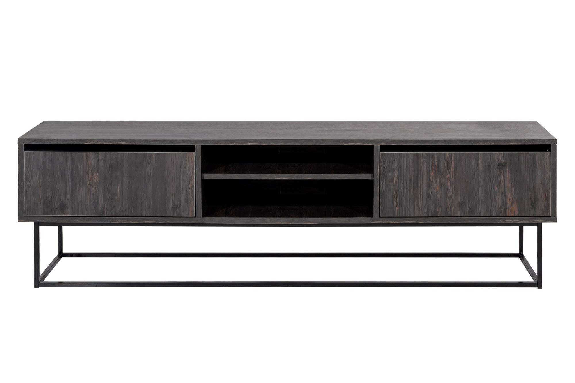 Móvel de TV industrial, marrom escuro e preto, 180 cm | Painel de partículas 100% revestido em melamina, 18 mm de espessura, pés de ferro, 2 gavetas, várias prateleiras | Elegante e funcional