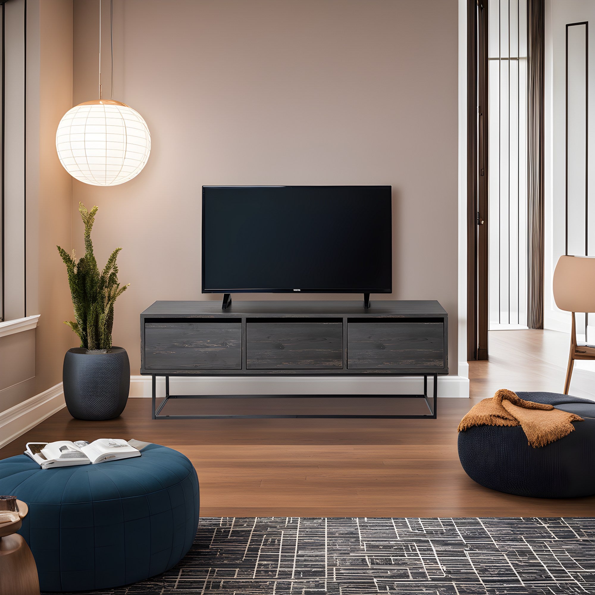 Móvel de TV industrial com pés de ferro, marrom escuro e preto, 140 cm | Painel de partículas 100% revestido de melamina, 18 mm de espessura | 2 gavetas e várias prateleiras