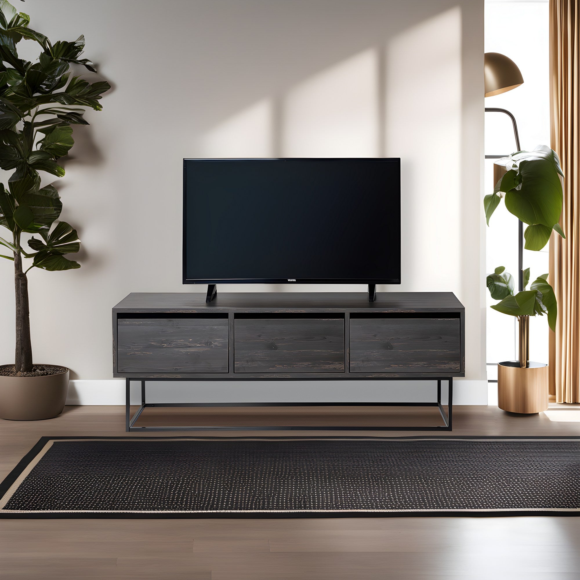 Móvel de TV industrial com pés de ferro, marrom escuro e preto, 140 cm | Painel de partículas 100% revestido de melamina, 18 mm de espessura | 2 gavetas e várias prateleiras