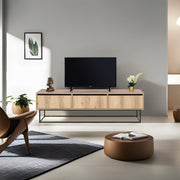 Móvel de TV industrial com pés de ferro, 180 cm | Painel de partículas 100% revestido em melamina, 18 mm de espessura | 2 gavetas, várias prateleiras, feltro e acabamento preto