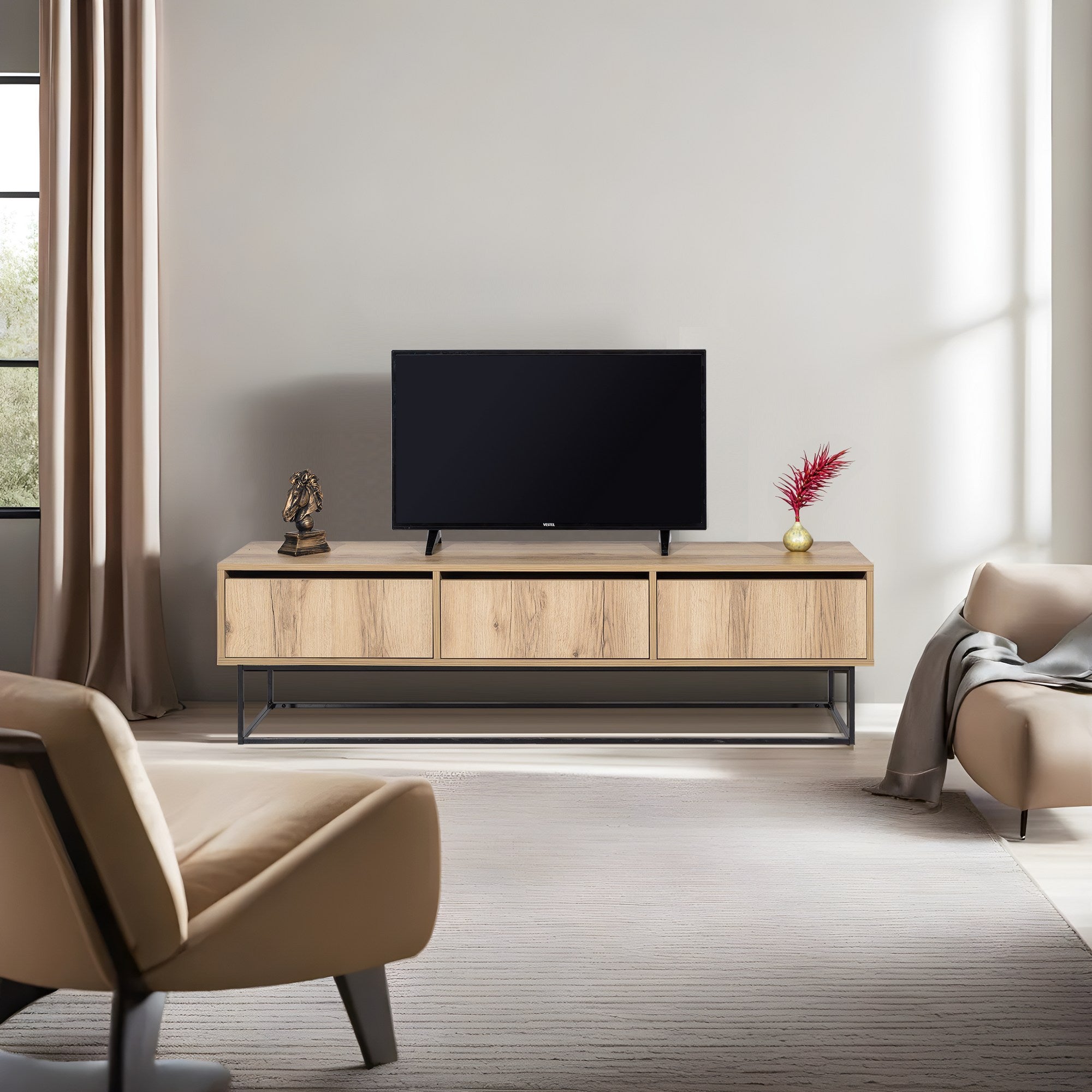 Móvel de TV industrial com pés de ferro, 180 cm | Painel de partículas 100% revestido em melamina, 18 mm de espessura | 2 gavetas, várias prateleiras, feltro e acabamento preto