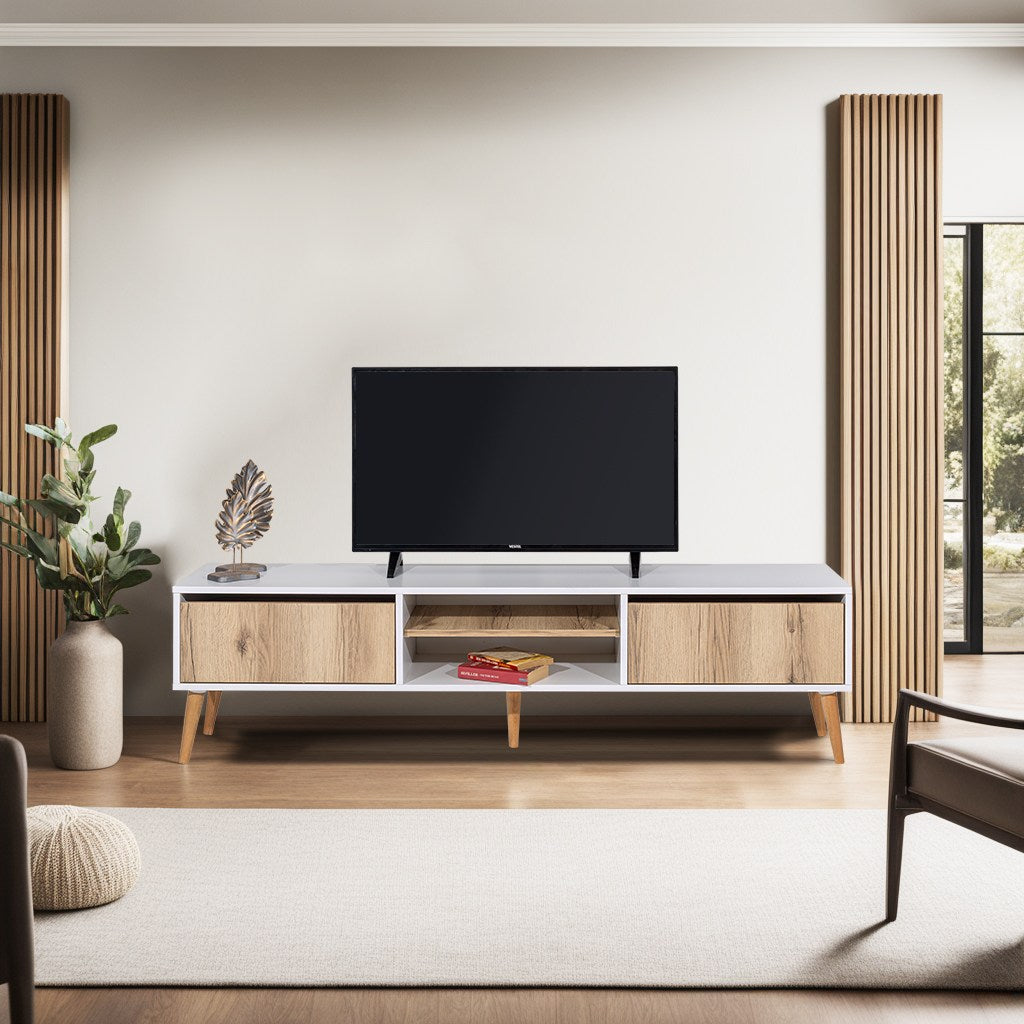 Móvel de TV escandinavo, 180 cm, 50 cm de altura, 40 cm de profundidade | Painel de partículas 100% revestido em melamina, pernas de ferro, 2 gavetas, várias prateleiras, design elegante