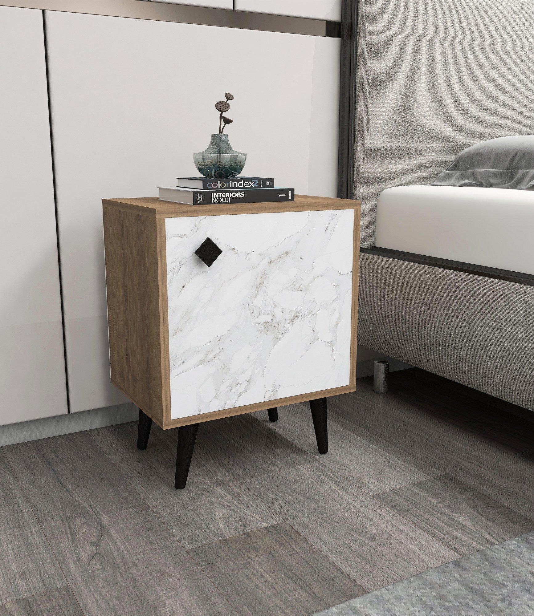 Mesa de cabeceira elegante com pernas de madeira, cor Hitit e pedra, 45 x 65 x 35 cm | Painel de partículas 100% revestido de melamina, 18 mm de espessura | Prateleiras amplas para armazenamento