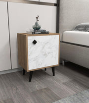 Mesa de cabeceira elegante com pernas de madeira, cor Hitit e pedra, 45 x 65 x 35 cm | Painel de partículas 100% revestido de melamina, 18 mm de espessura | Prateleiras amplas para armazenamento