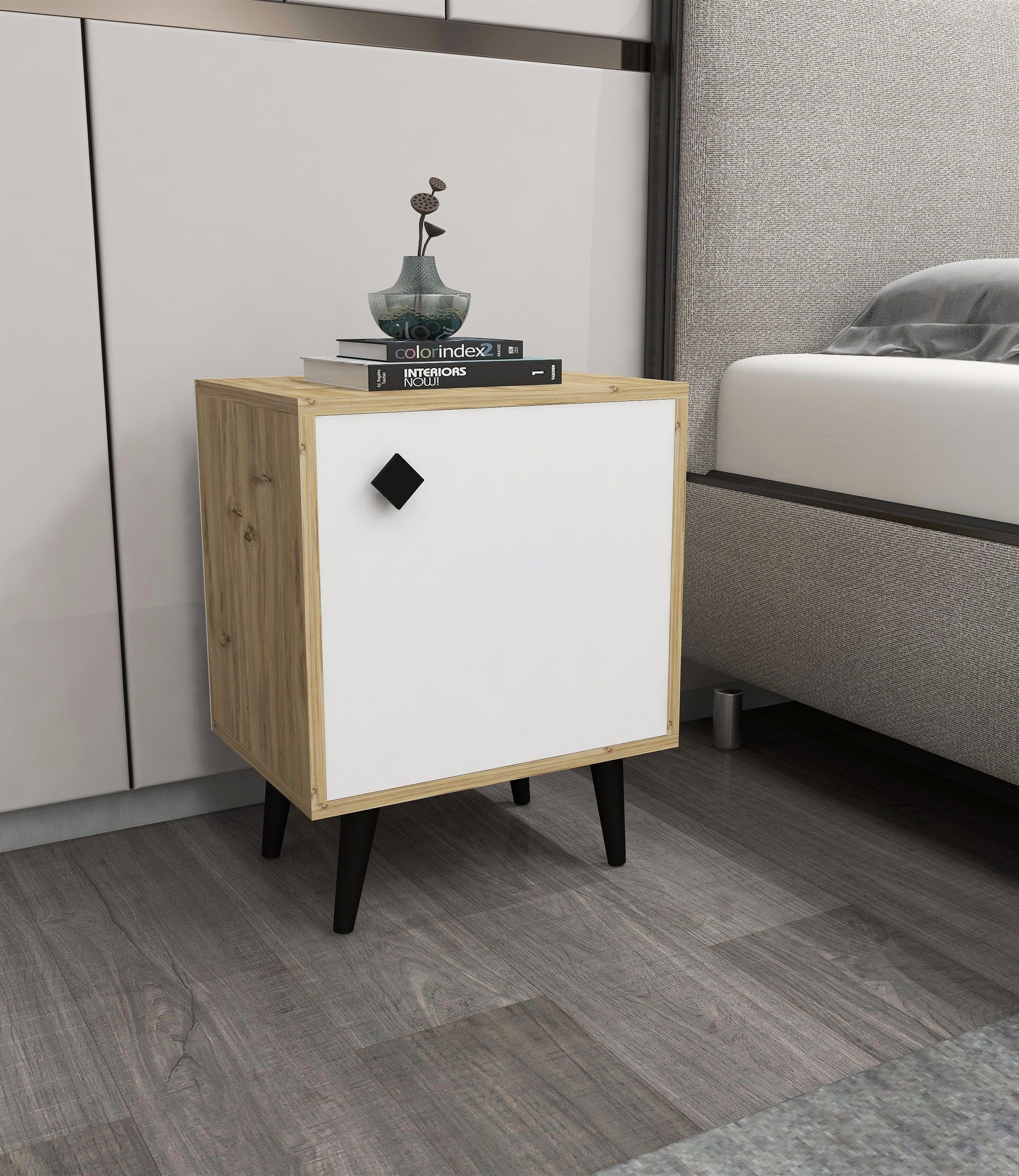 Mesa de Cabeceira Elegante com Pernas de Madeira, Carvalho e Branco, 45 x 65 x 35 cm | Painel de Partículas 100% Revestido em Melamina, 18 mm de Espessura | Várias Prateleiras para Quartos Modernos