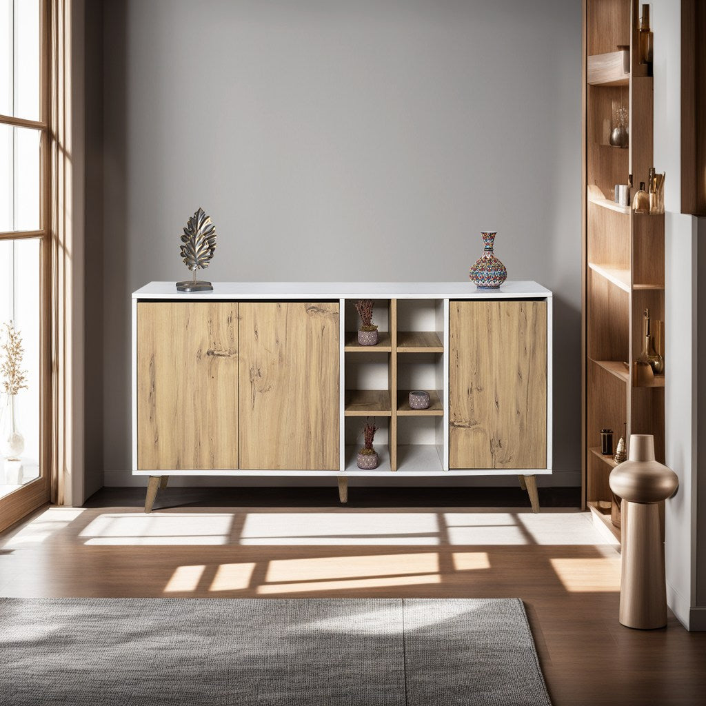 Aparador Escandinava, 160 cm, Branco e Feltro, 100% Melamina, 18 mm de Espessura, Pés de Madeira, Fácil Montagem, Design Elegante e Funcional