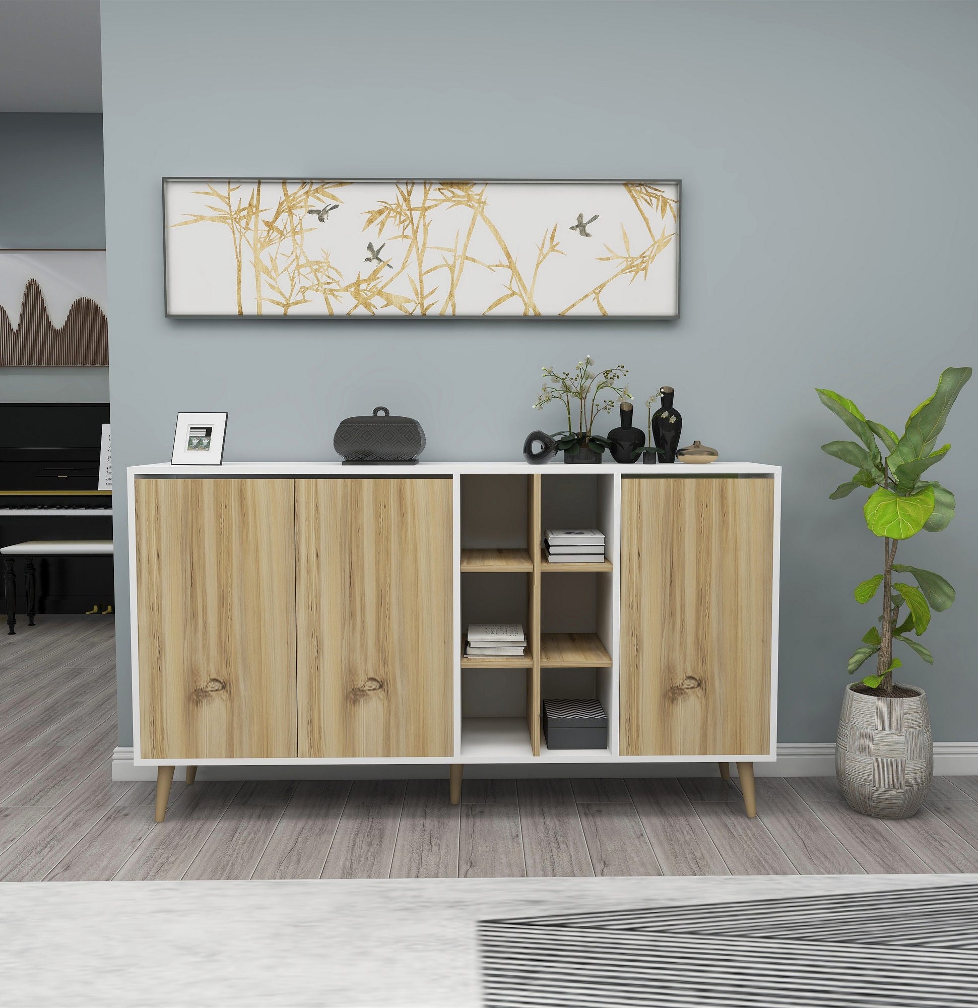 Aparador Escandinava, 160 cm, Branco e Feltro, 100% Melamina, 18 mm de Espessura, Pés de Madeira, Fácil Montagem, Design Elegante e Funcional