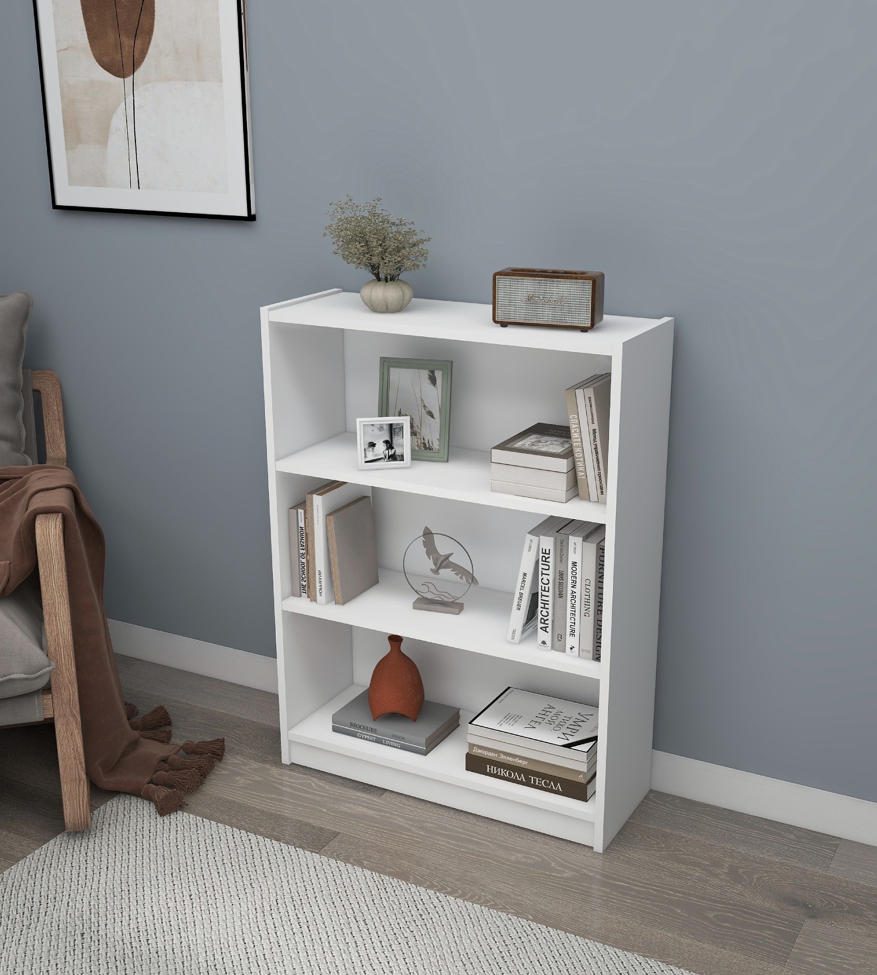 Estante branca elegante, 80 cm x 106 cm x 28 cm | Painel de partículas 100% revestido de melamina, 18 mm de espessura | Montável na parede, perfeita para espaços modernos