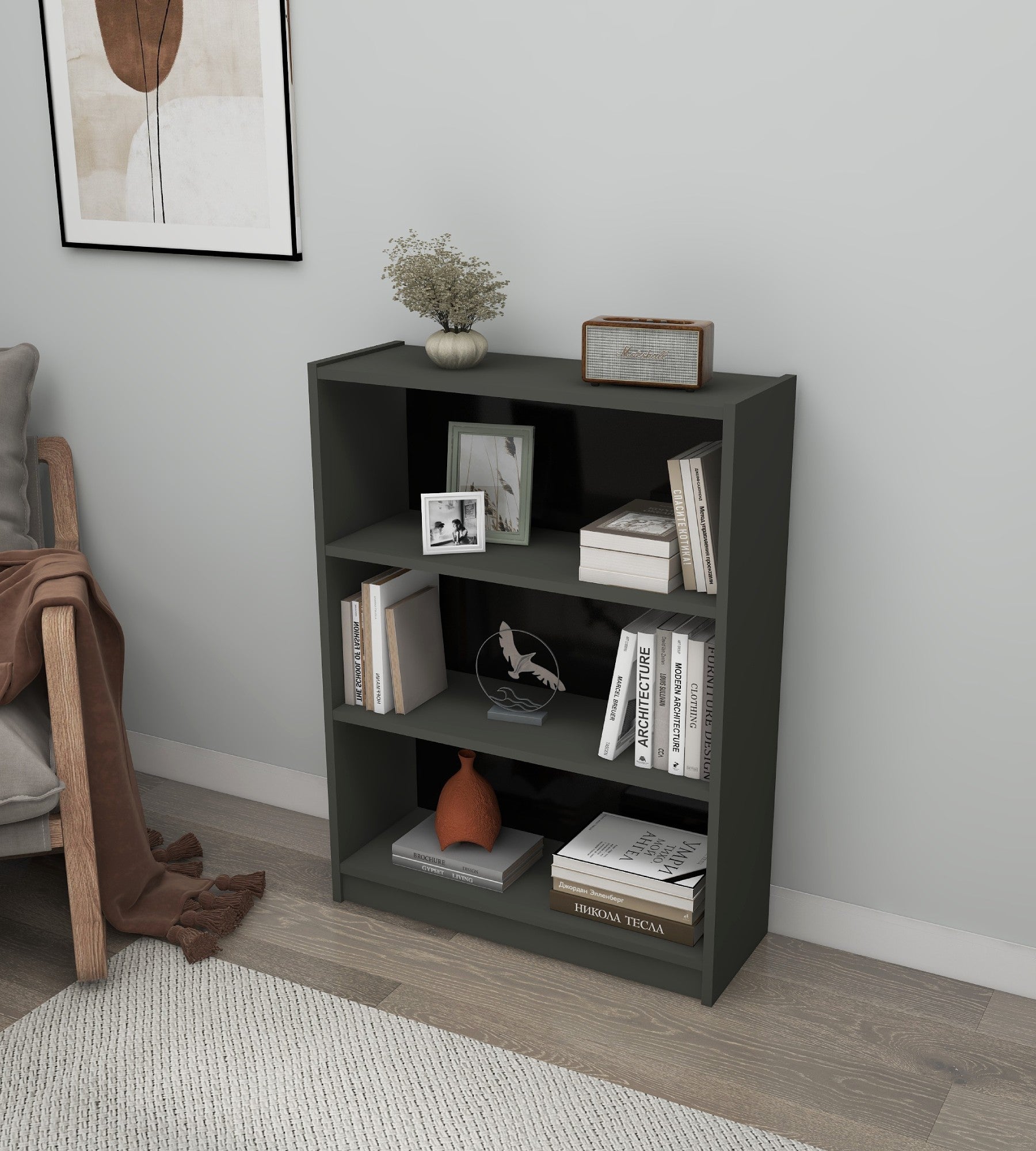 Estante elegante em cinza escuro, 80 cm x 106 cm x 28 cm | Painel de partículas 100% revestido em melamina, 18 mm de espessura | Montável na parede, perfeita para espaços modernos