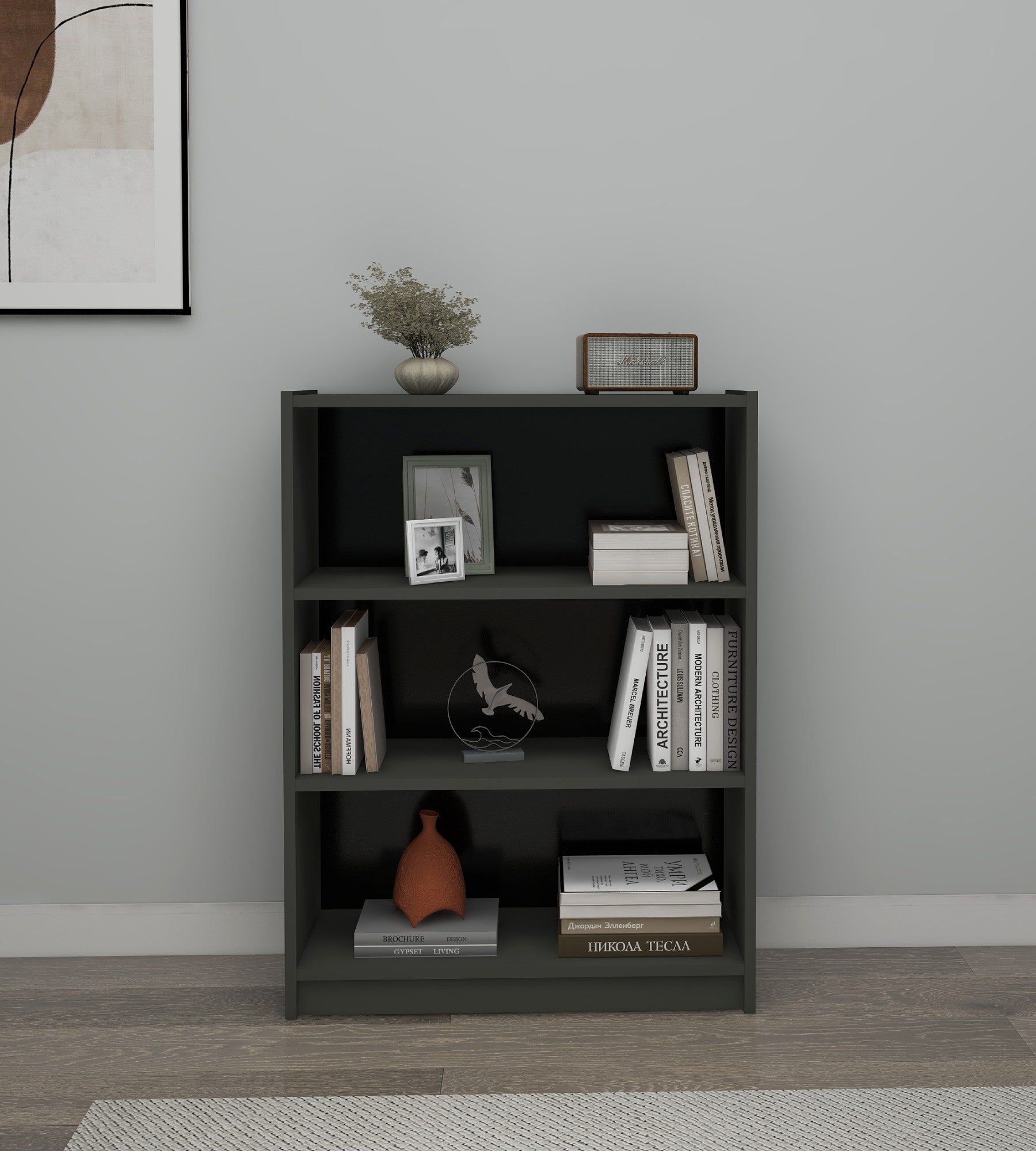 Estante elegante em cinza escuro, 80 cm x 106 cm x 28 cm | Painel de partículas 100% revestido em melamina, 18 mm de espessura | Montável na parede, perfeita para espaços modernos