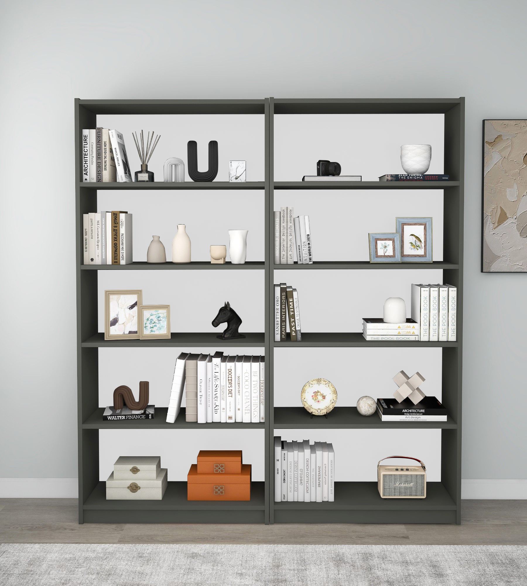 Estante elegante cinza escuro, 160 x 180 x 28 cm | Painel de partículas 100% revestido de melamina, 18 mm de espessura | Montável na parede, perfeita para decoração moderna