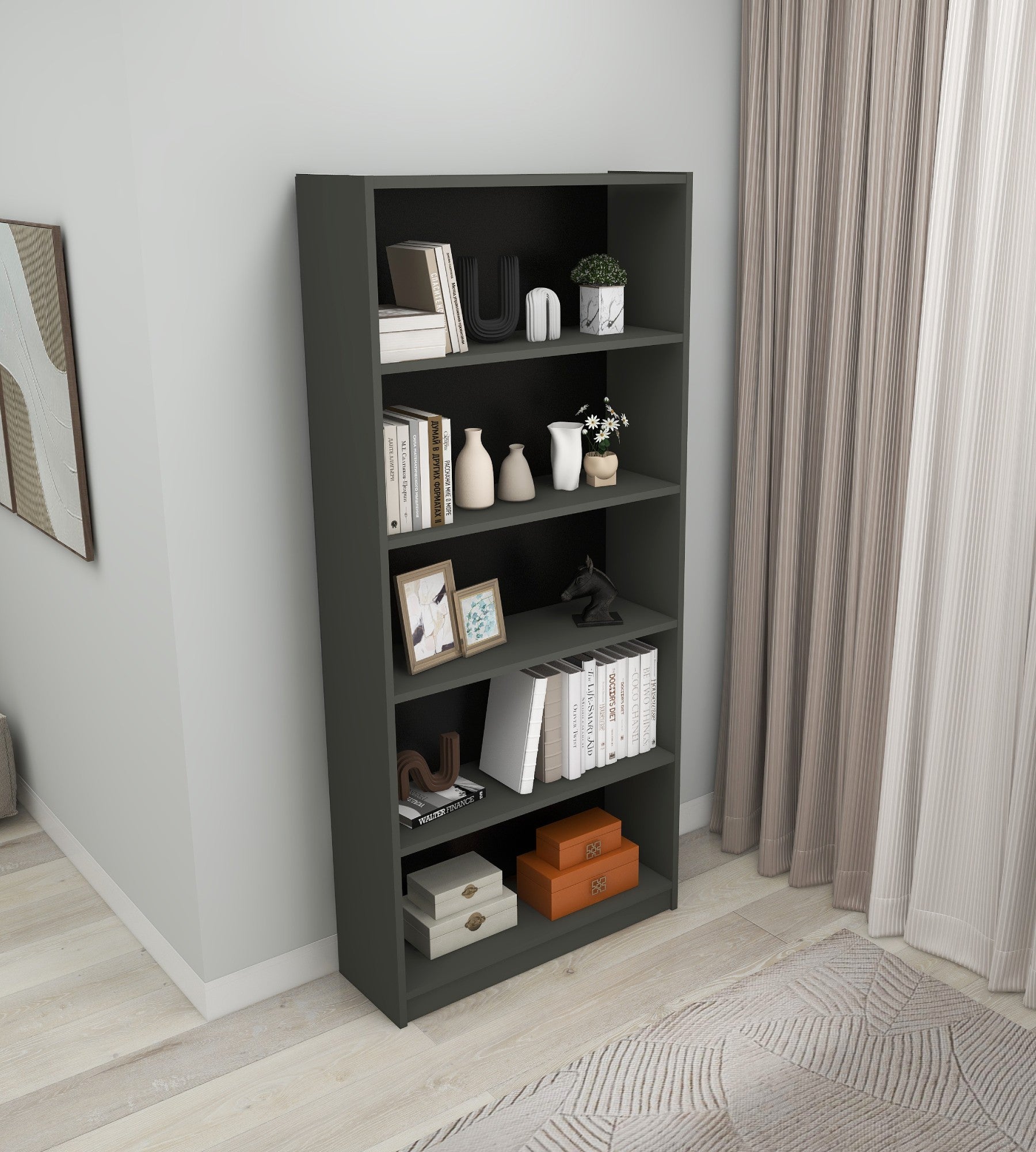 Estante elegante em cinza escuro, 80 x 180 x 28 cm | Painel de partículas 100% revestido em melamina, 18 mm de espessura | Montável na parede, perfeita para espaços modernos