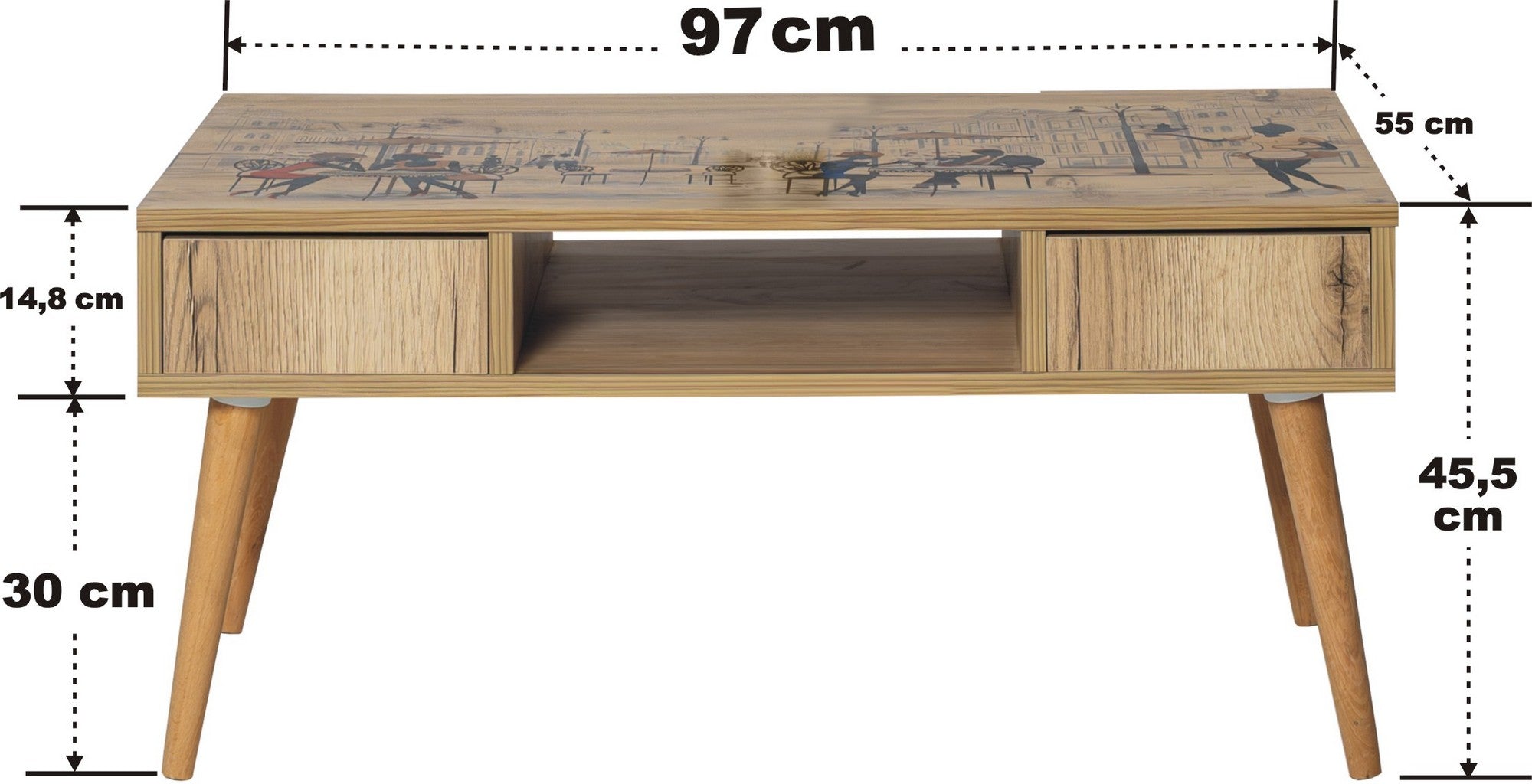 Mesa de Centro Elegante, Pinho Atlântico, 97 x 45 x 55 cm | Painel de Partículas 100% Revestido com Melamina, 18 mm de Espessura, Pernas de Madeira de Faia | Fixável na Parede, Design Moderno
