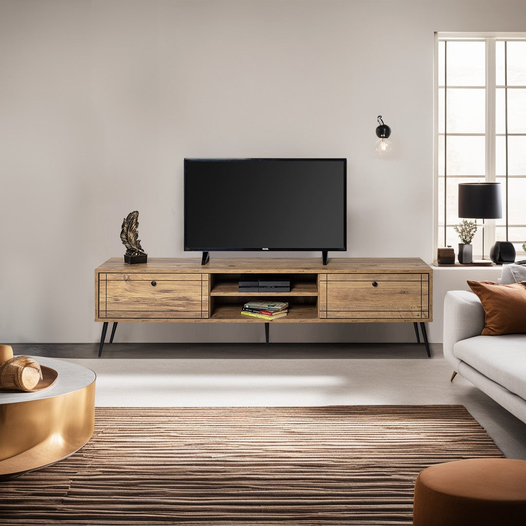 Móvel de TV elegante com pernas de ferro, pinho atlântico e preto, 180 x 50 x 40 cm | Painel de partículas 100% revestido de melamina, montável na parede, design durável