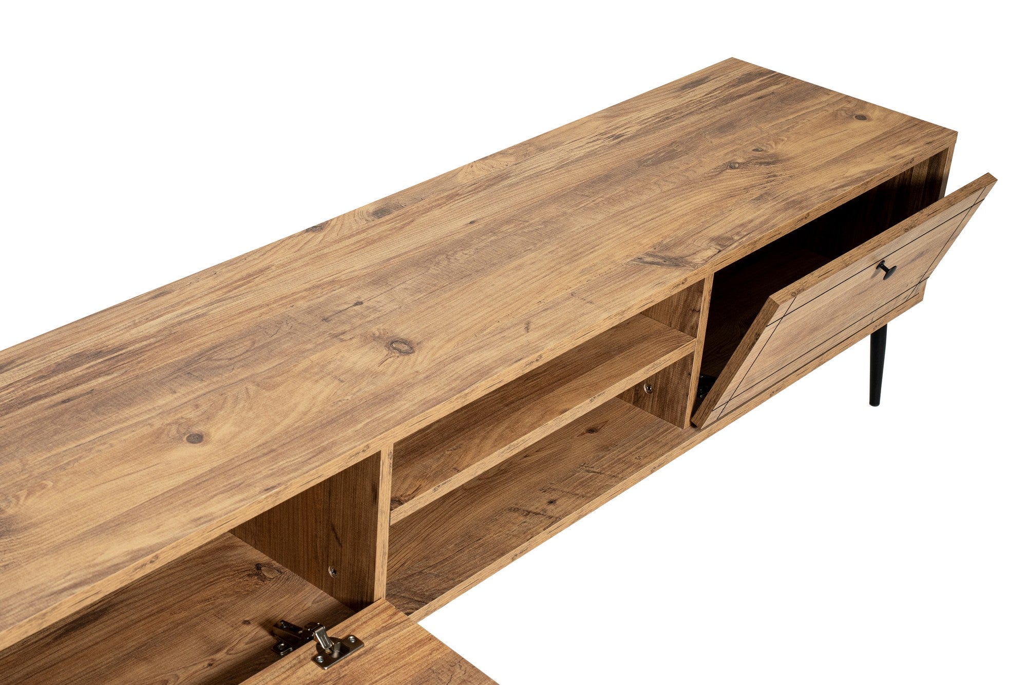 Móvel de TV elegante com pernas de ferro, pinho atlântico e preto, 180 x 50 x 40 cm | Painel de partículas 100% revestido de melamina, montável na parede, design durável