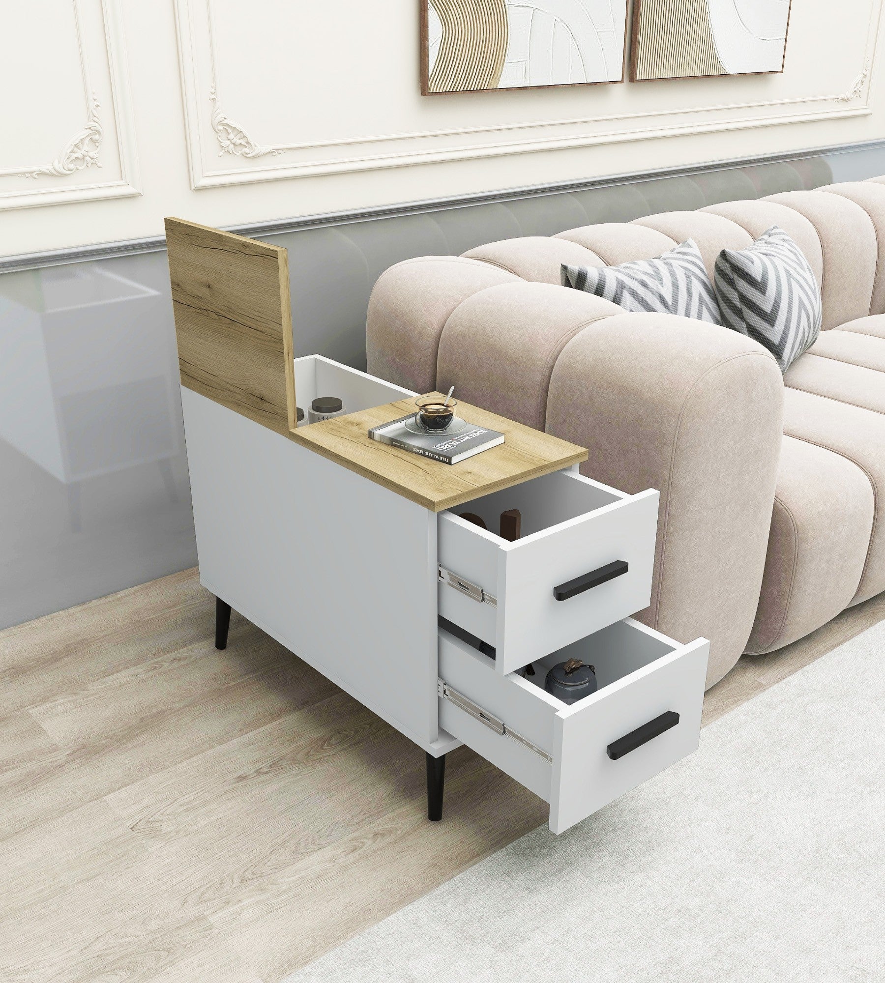 Mesa lateral elegante com 2 gavetas, branca e Delta, 30 x 80 x 80 cm | Painel de partículas 100% revestido em melamina, 18 mm de espessura | Montável na parede, design moderno