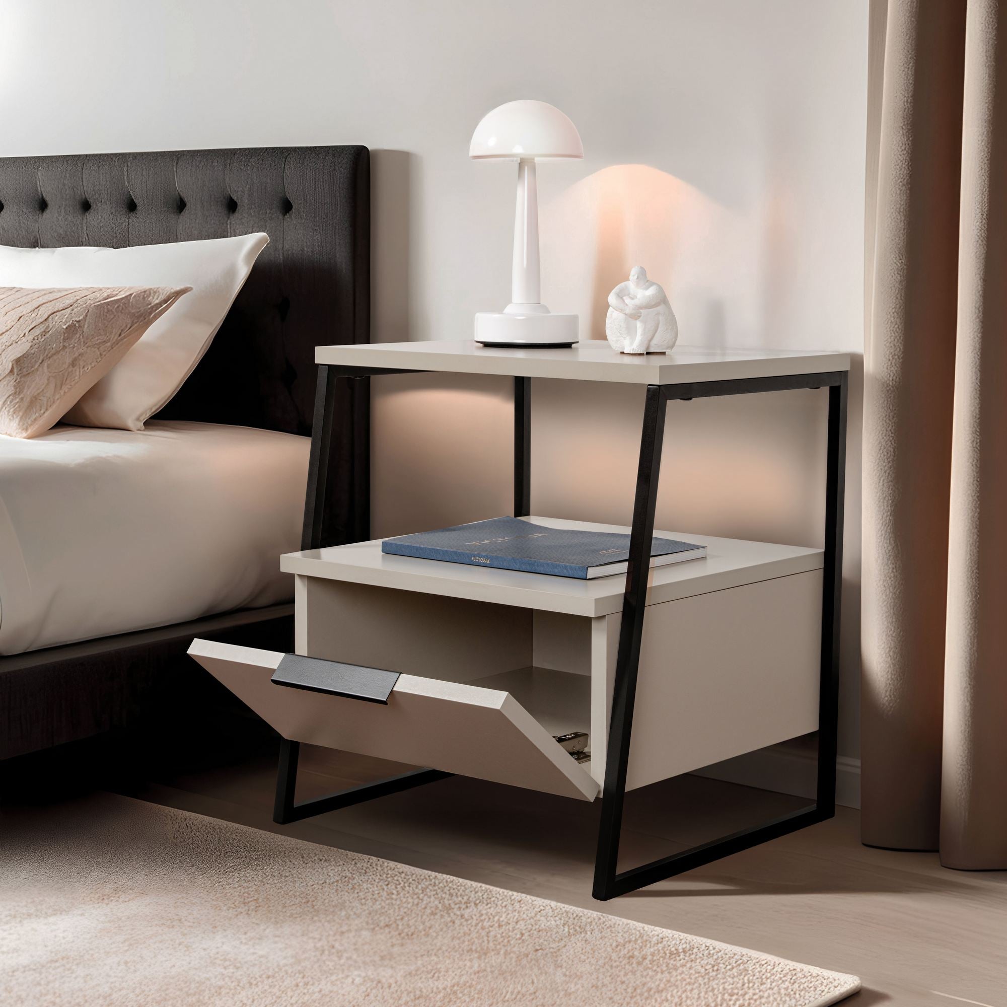 Mesa de cabeceira – 45 cm de largura, 50 cm de altura, 40 cm de profundidade – Arenito – Painel de partículas revestido a melamina