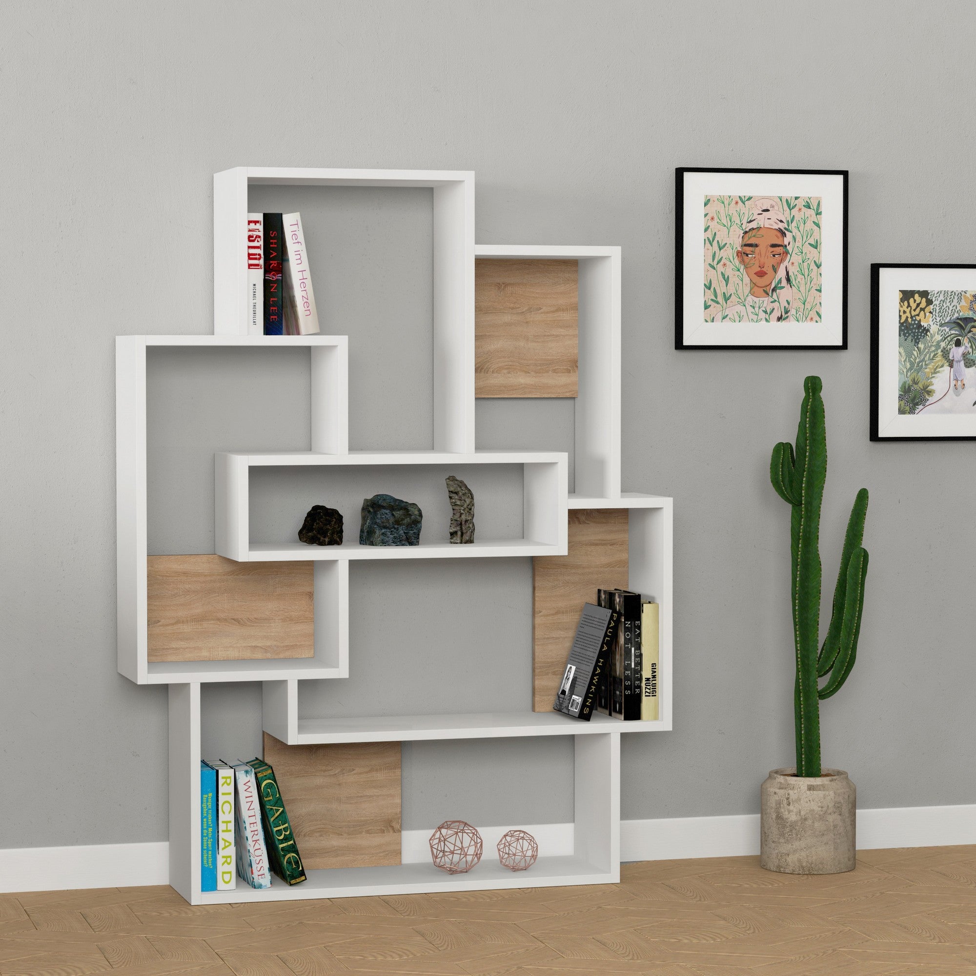 Estante de parede elegante – 101 x 132 x 22 cm – Branco e Carvalho – MDF revestido de melamina