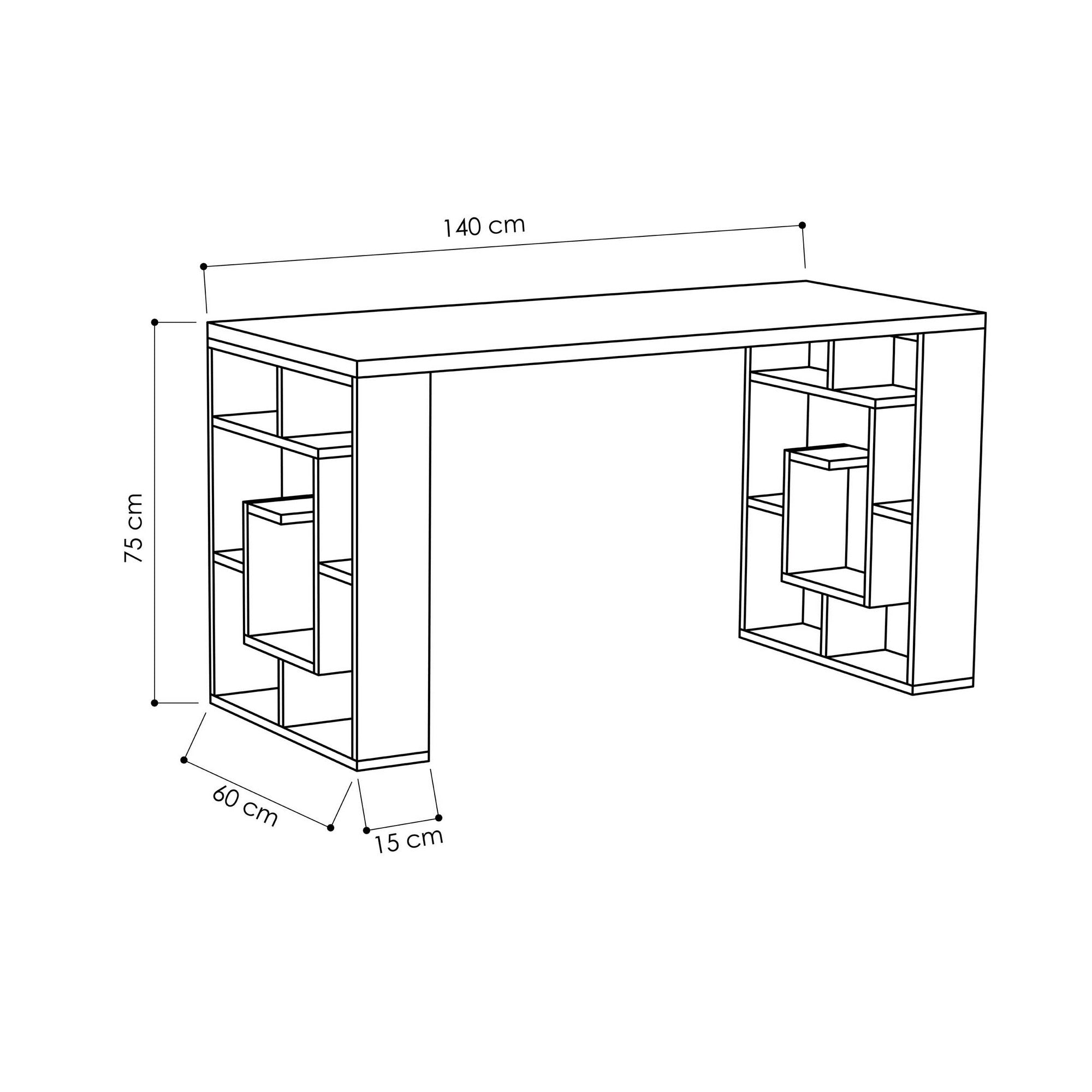 Secretária de Estudo Moderna com Prateleiras – 140 x 60 x 75 cm – Branco e Carvalho – Painel de Partículas revestido em Melamina