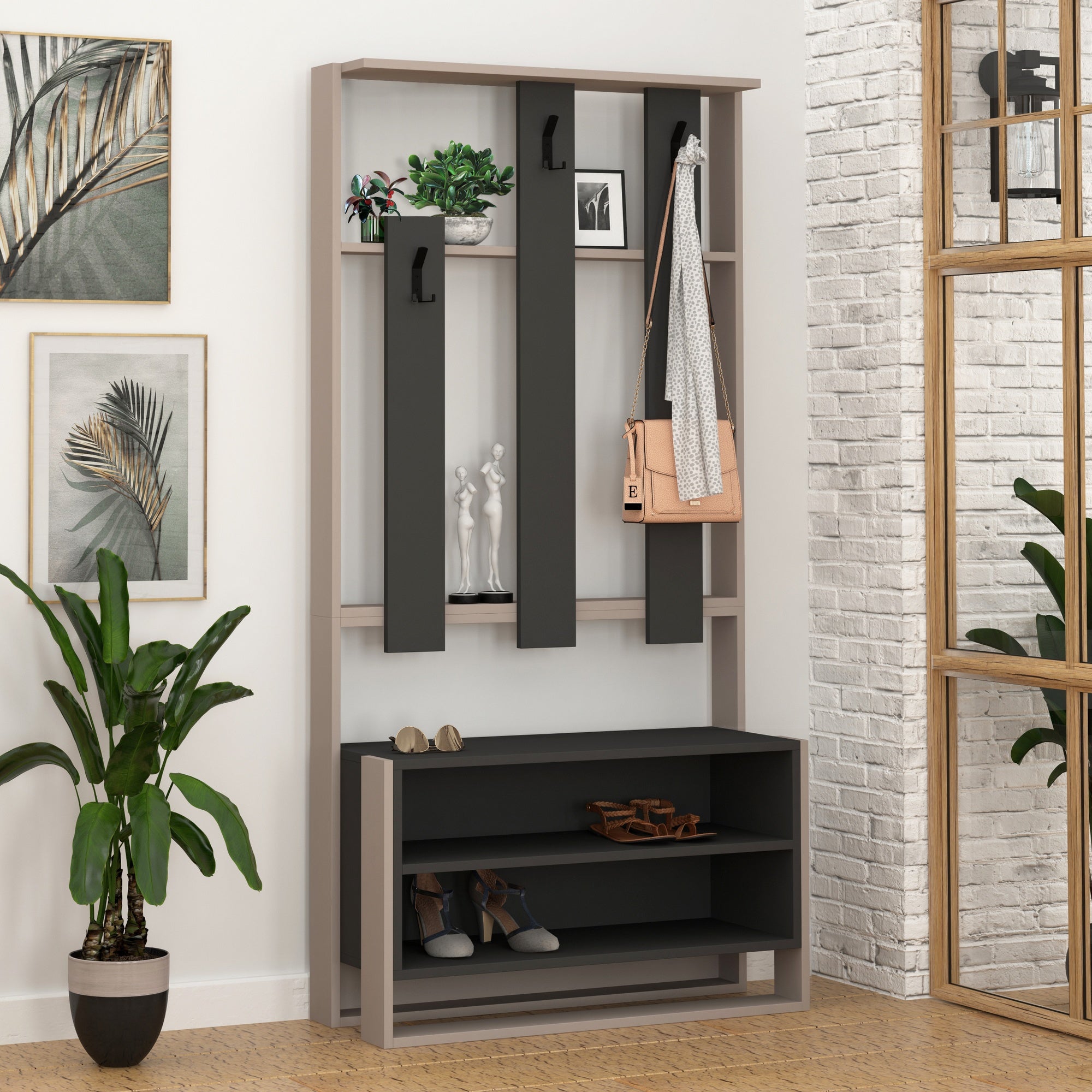 Conjunto para hall de entrada– 90 x 180 x 36 cm – Mocha Claro e Antracite – Painel de partículas revestido a melamina