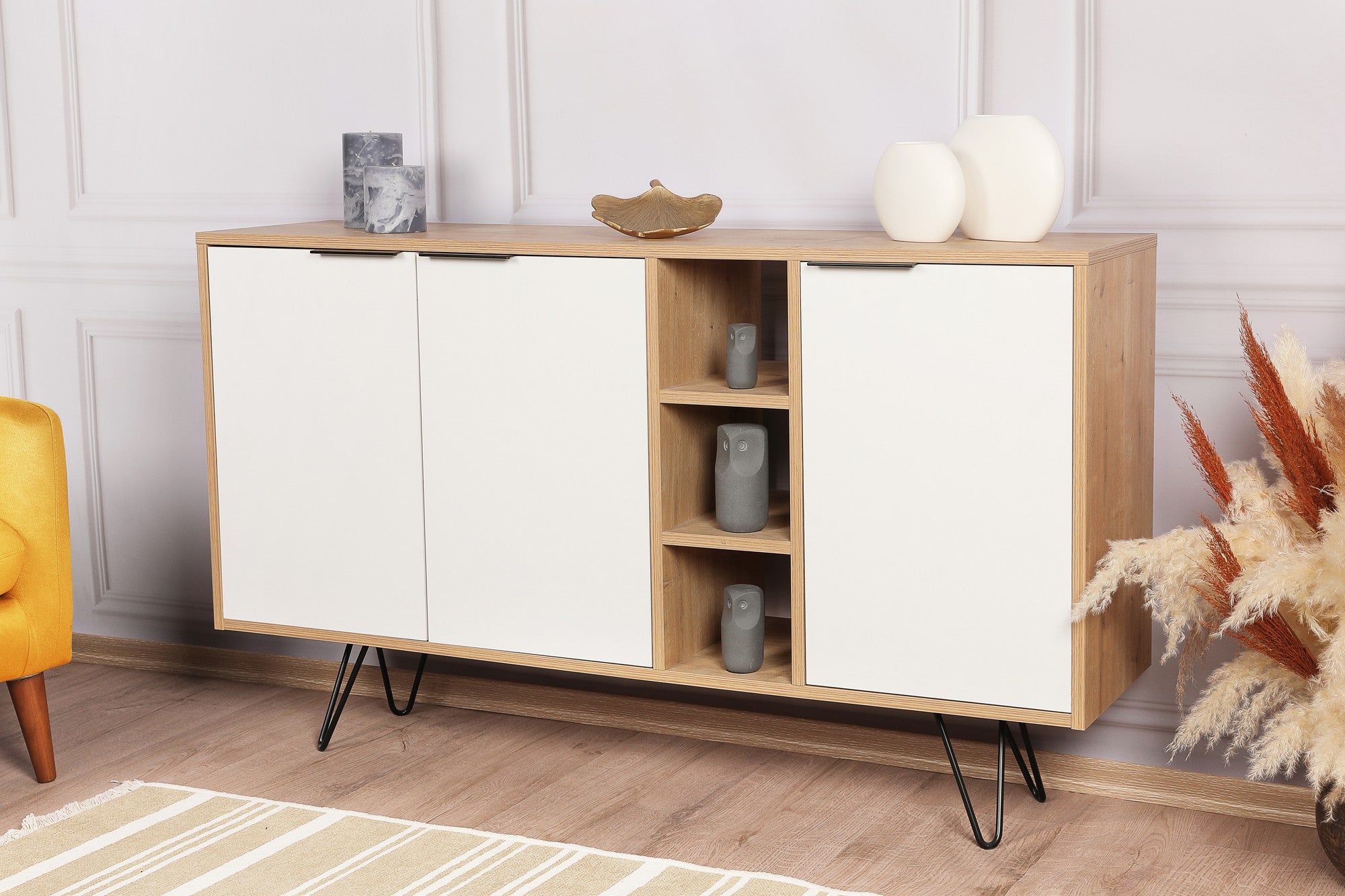 Aparador Moderno – 142 cm – Carvalho e Branco – Melamina