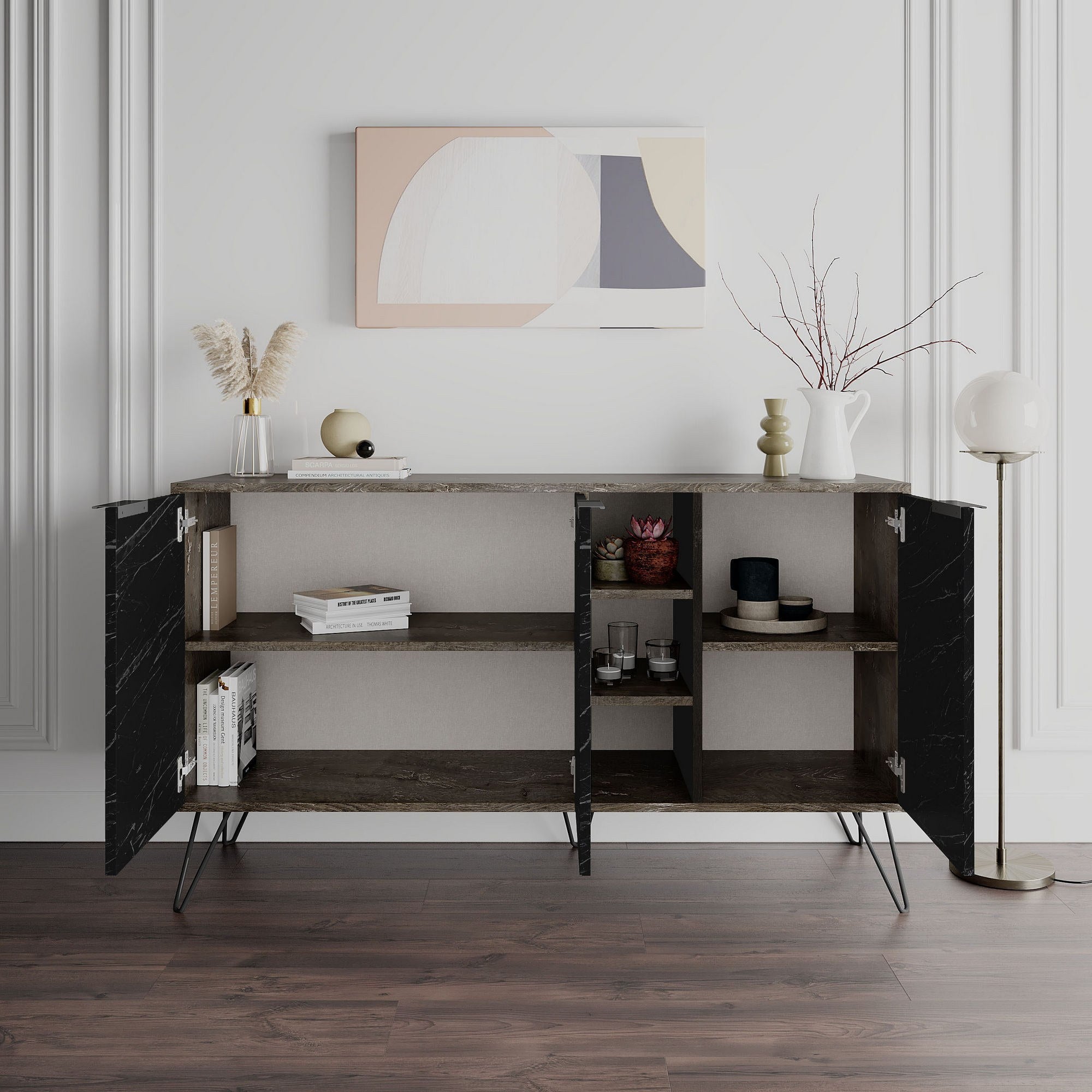Aparador Moderno – 142 x 83 x 35,6 cm – Castanho Escuro e Bendir – 100% Melamina