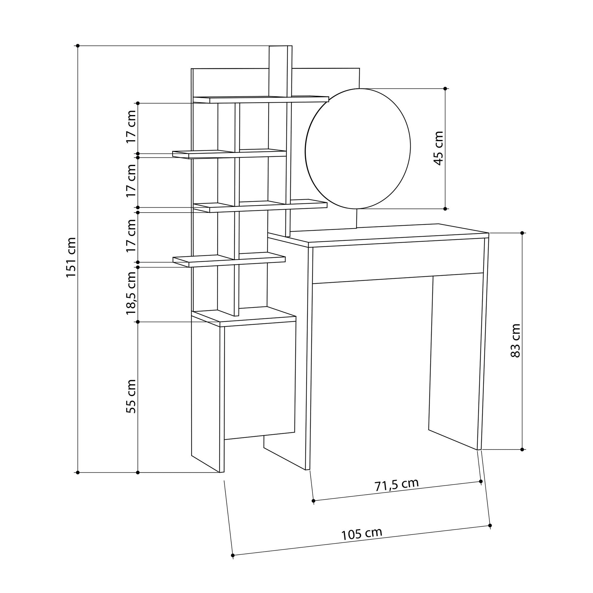 Toucador Moderno com espelho – 105 x 151 x 35 cm – Branco – 100% revestido em melamina