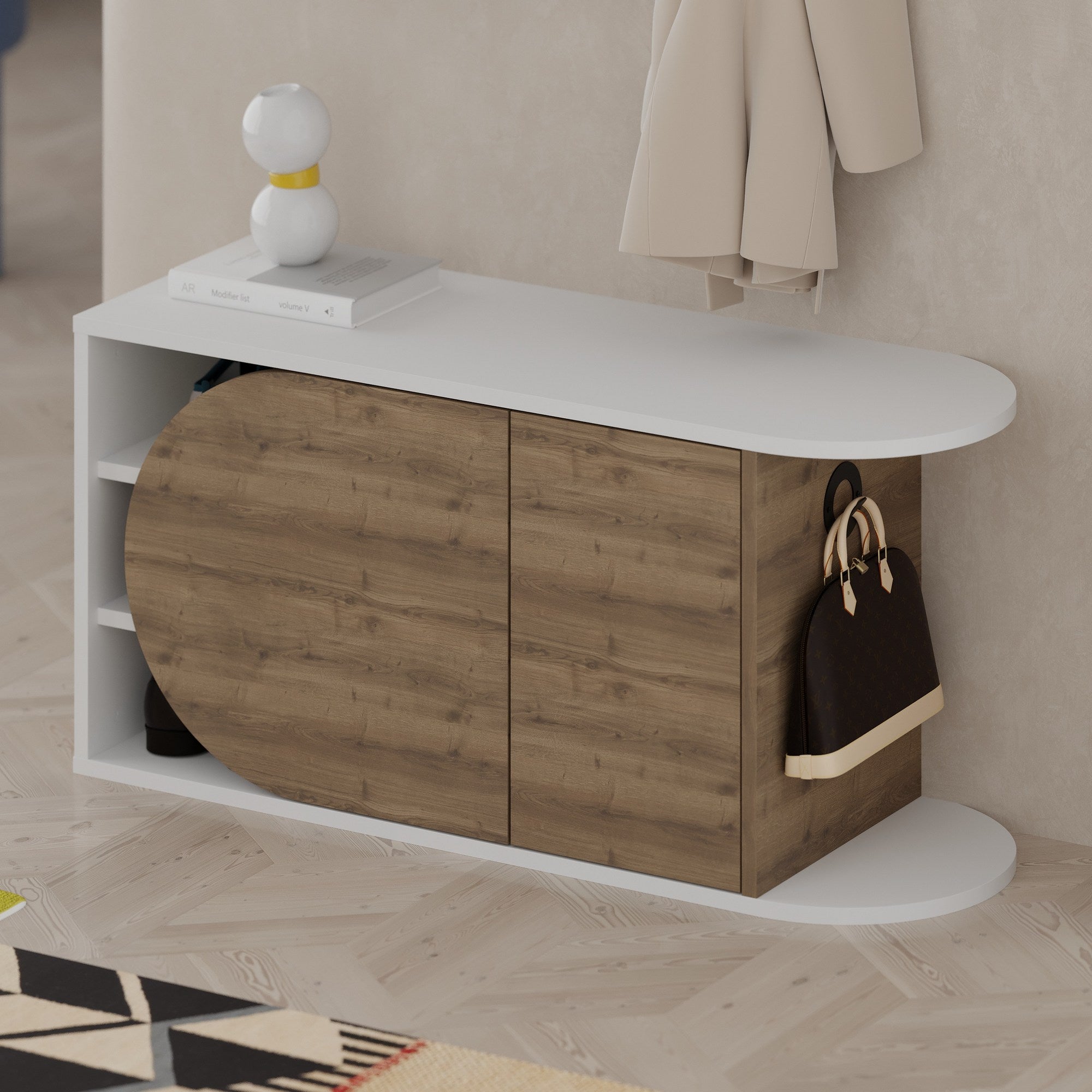 Sapateira – 104 x 50 x 37 cm – Hitit e branca – Painel de partículas revestido a melamina