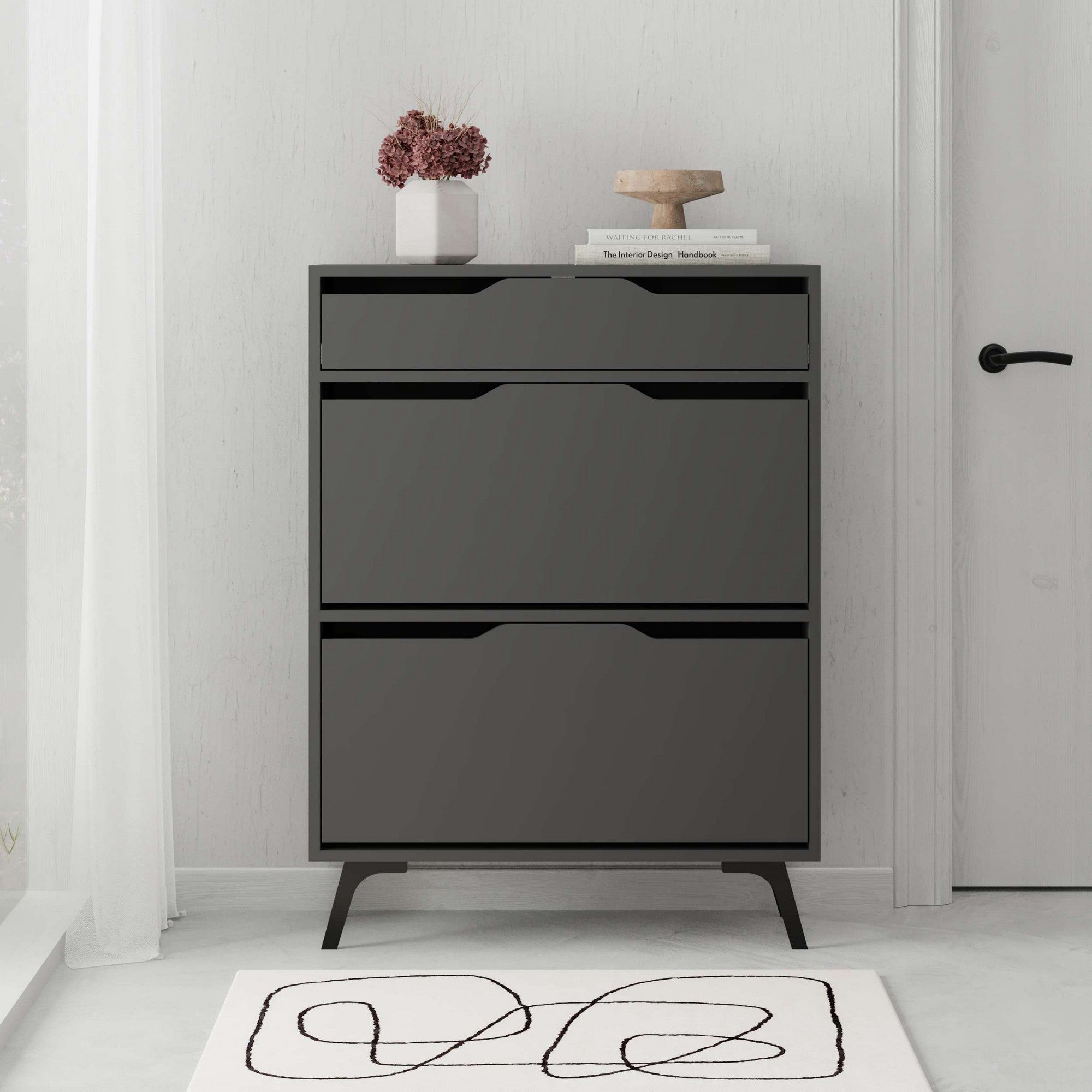 Sapateira estilosa, antracite, 81,6 x 110 x 29,5 cm | Painel de partículas 100% revestido em melamina, 18 mm de espessura | Montável na parede com inúmeras prateleiras