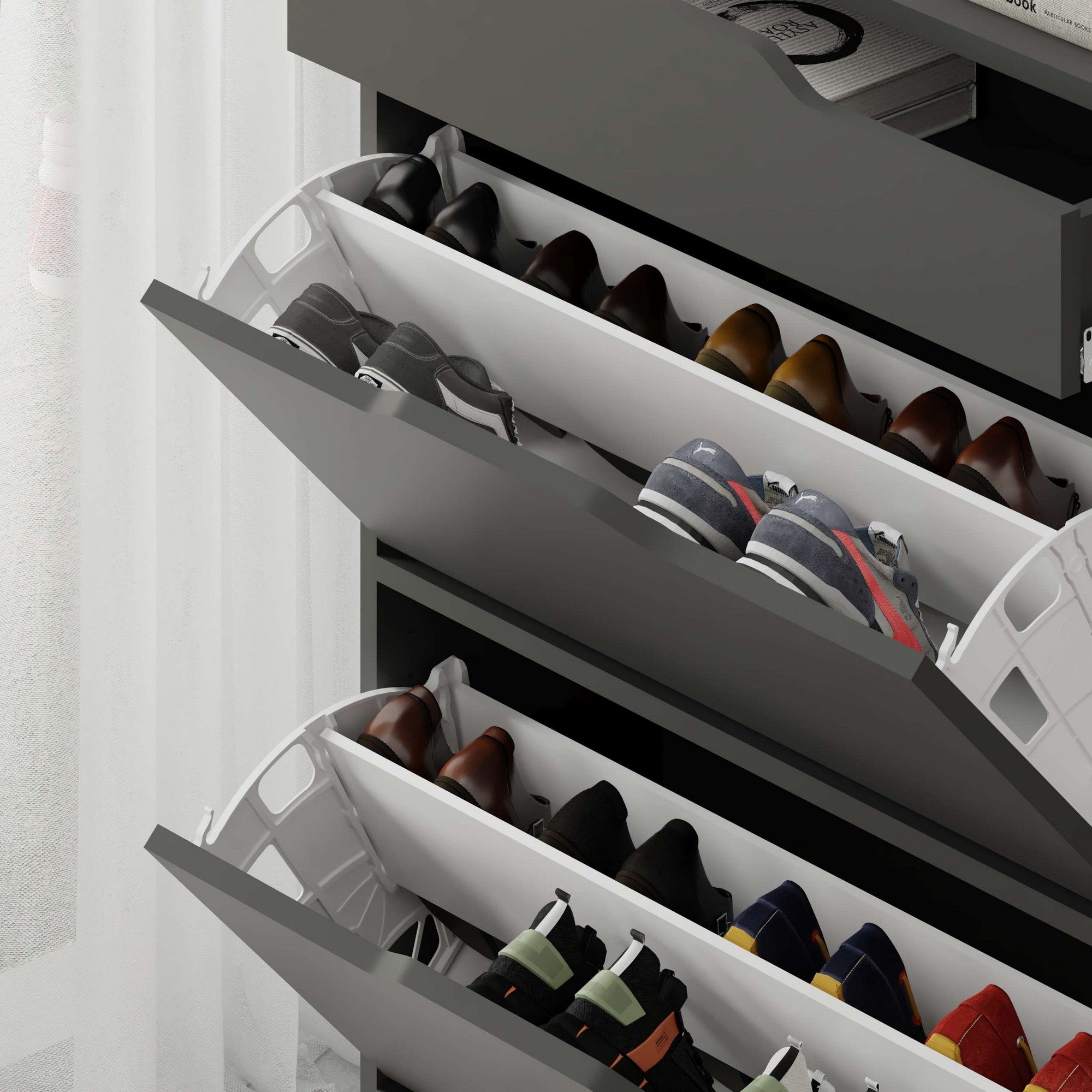 Sapateira estilosa, antracite, 81,6 x 110 x 29,5 cm | Painel de partículas 100% revestido em melamina, 18 mm de espessura | Montável na parede com inúmeras prateleiras