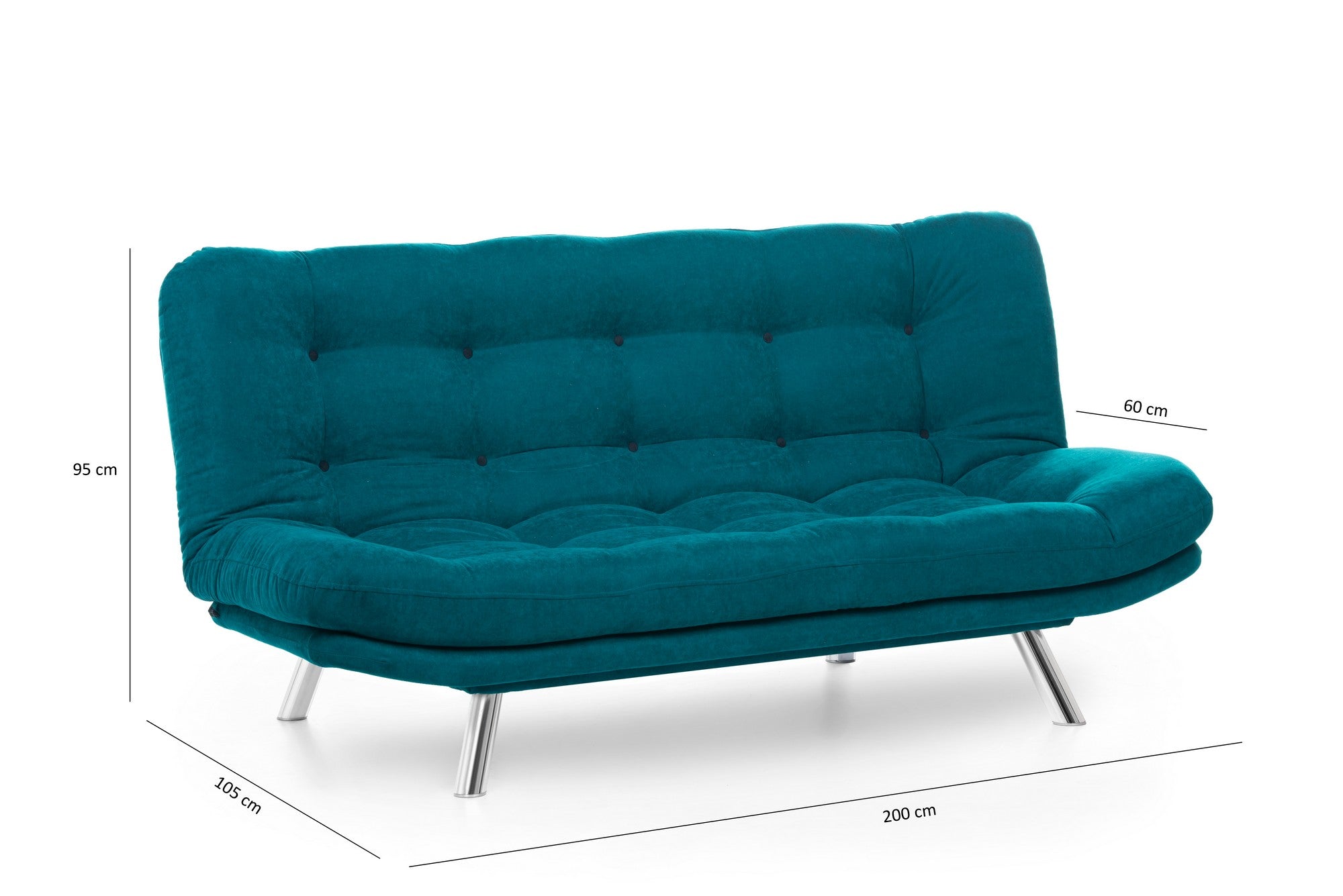 Sofá-Cama de 3 Lugares – 200 cm x 95 cm x 105 cm – Verde Petróleo – Metal